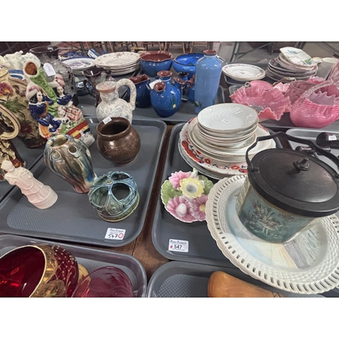 Two trays of ceramics, to include Staffordshire flatback spi...
