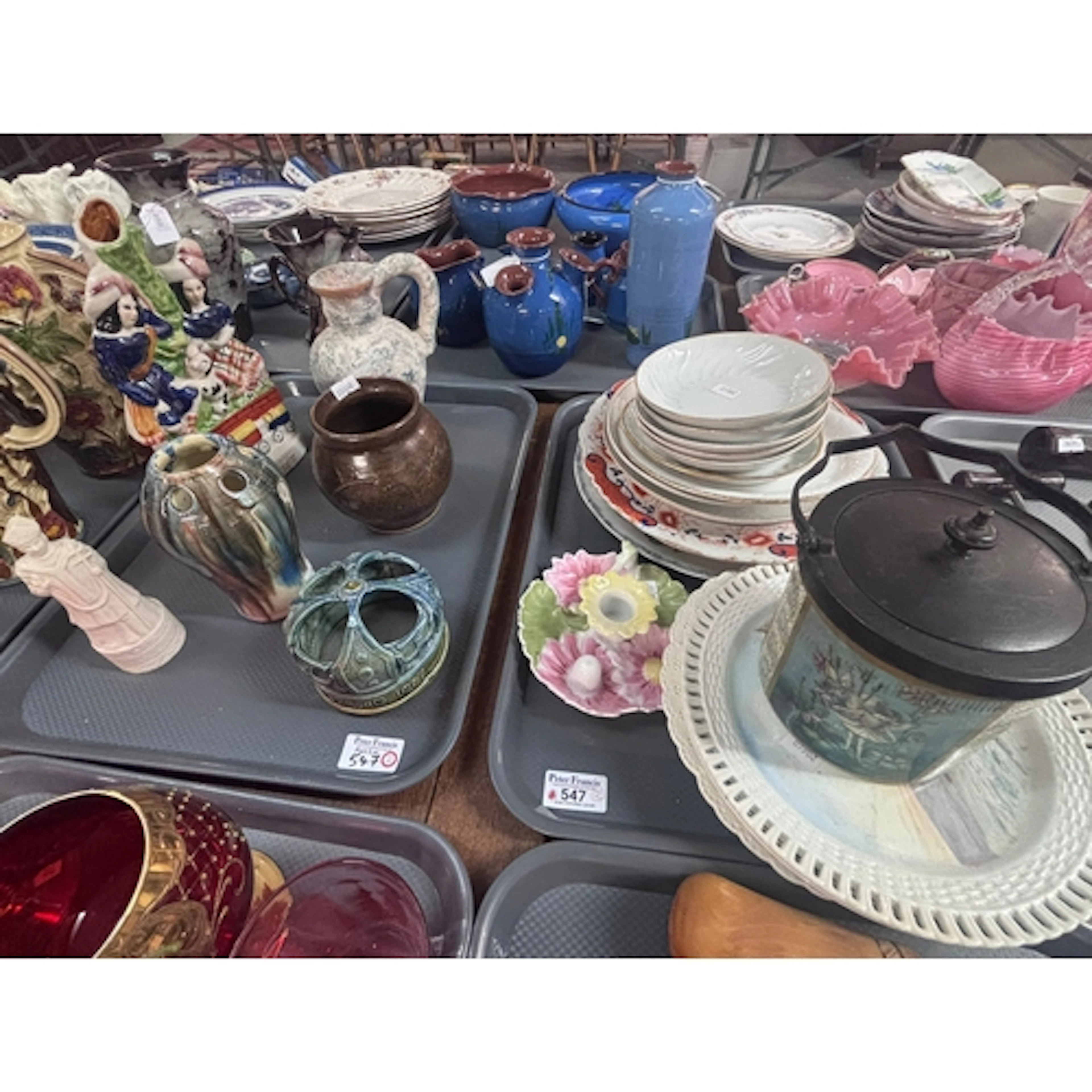 Two trays of ceramics, to include Staffordshire flatback spi...