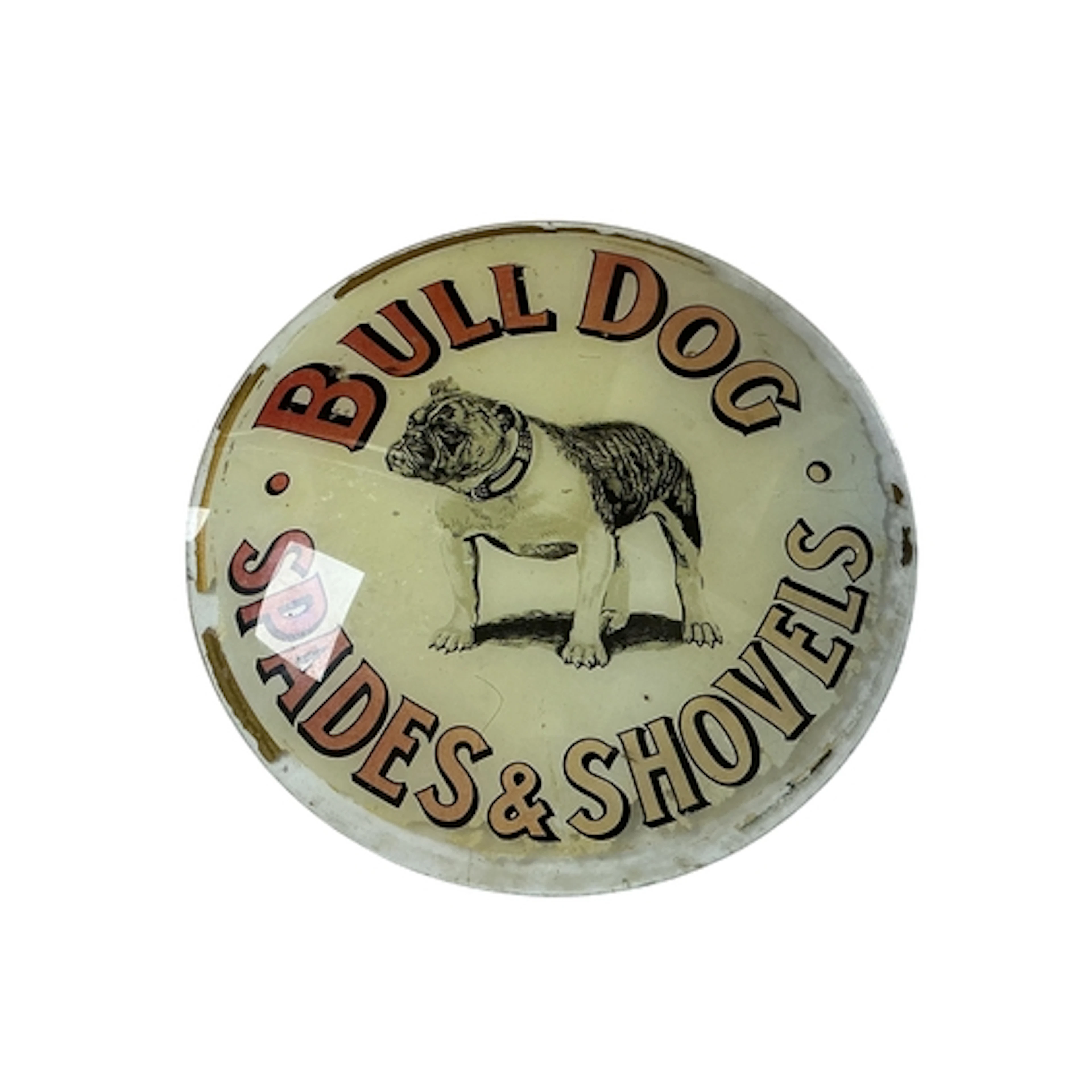 A vintage 'Bull Dog Spades & Shovels' reverse printed convex...