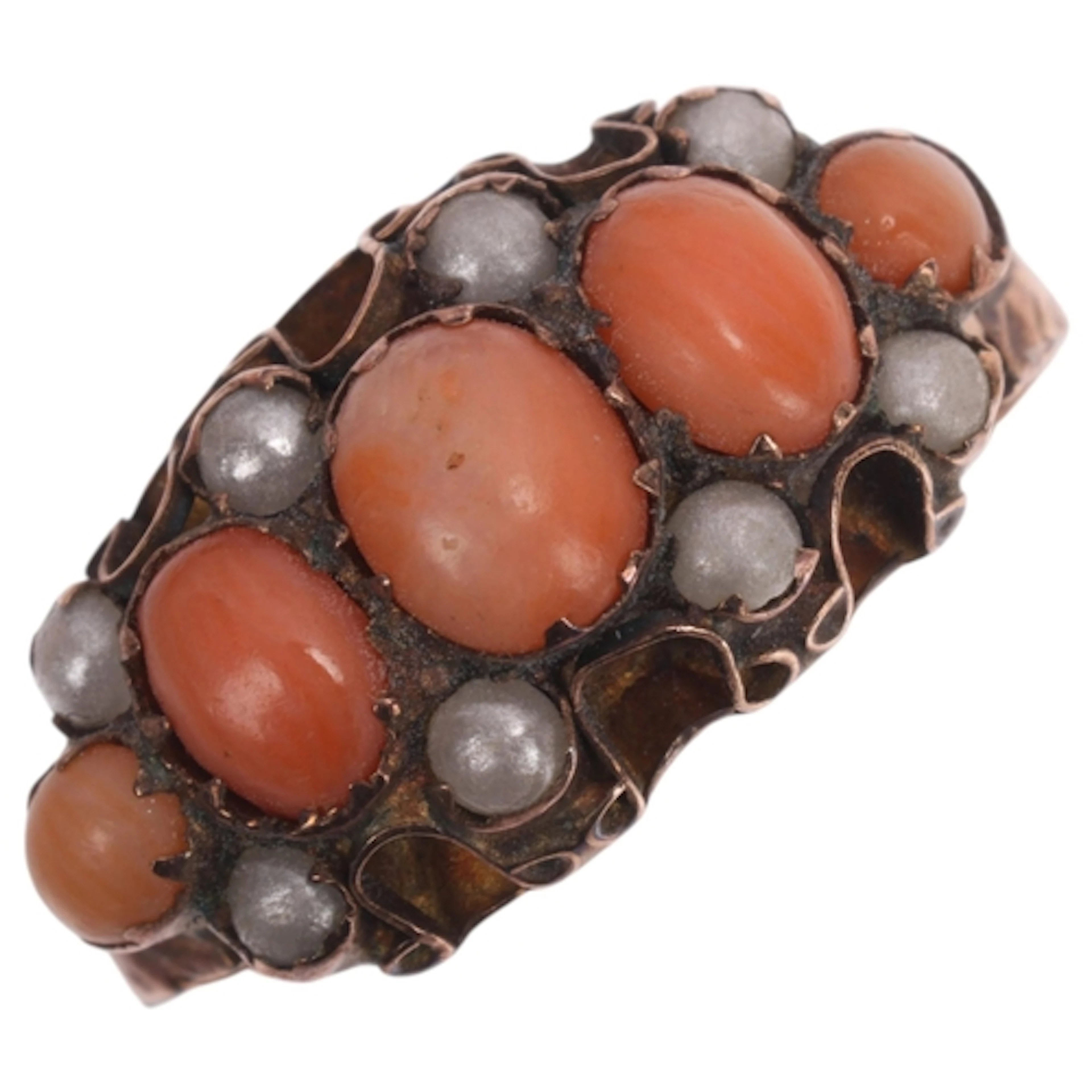 An Antique Victorian 9ct gold coral and pearl half hoop ring...
