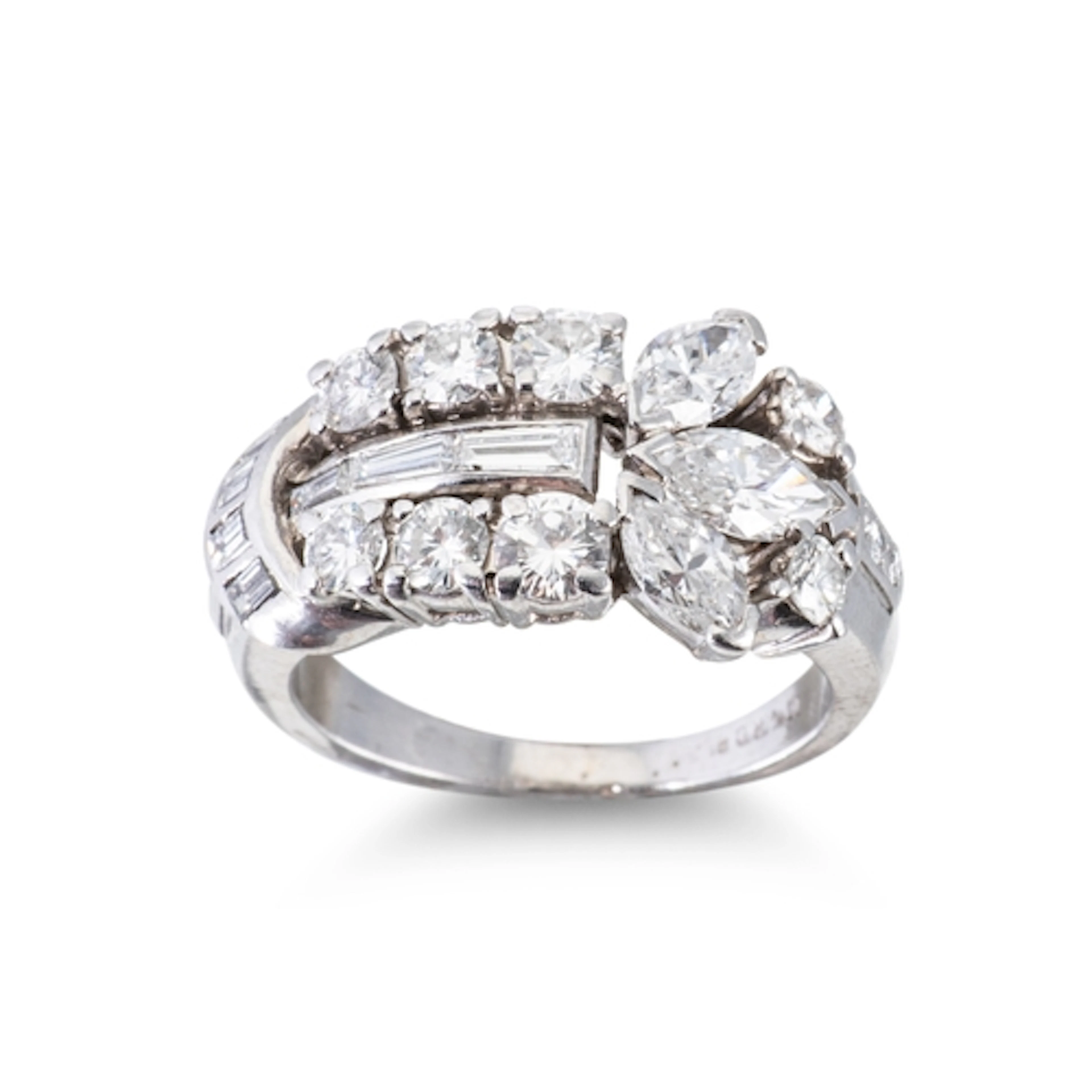 A MID CENTURY DIAMOND SHAPED CLUSTER RING, set with marquise...