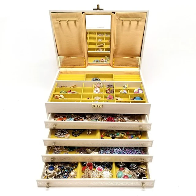 Large white vintage jewellery box containing a quantity of c...