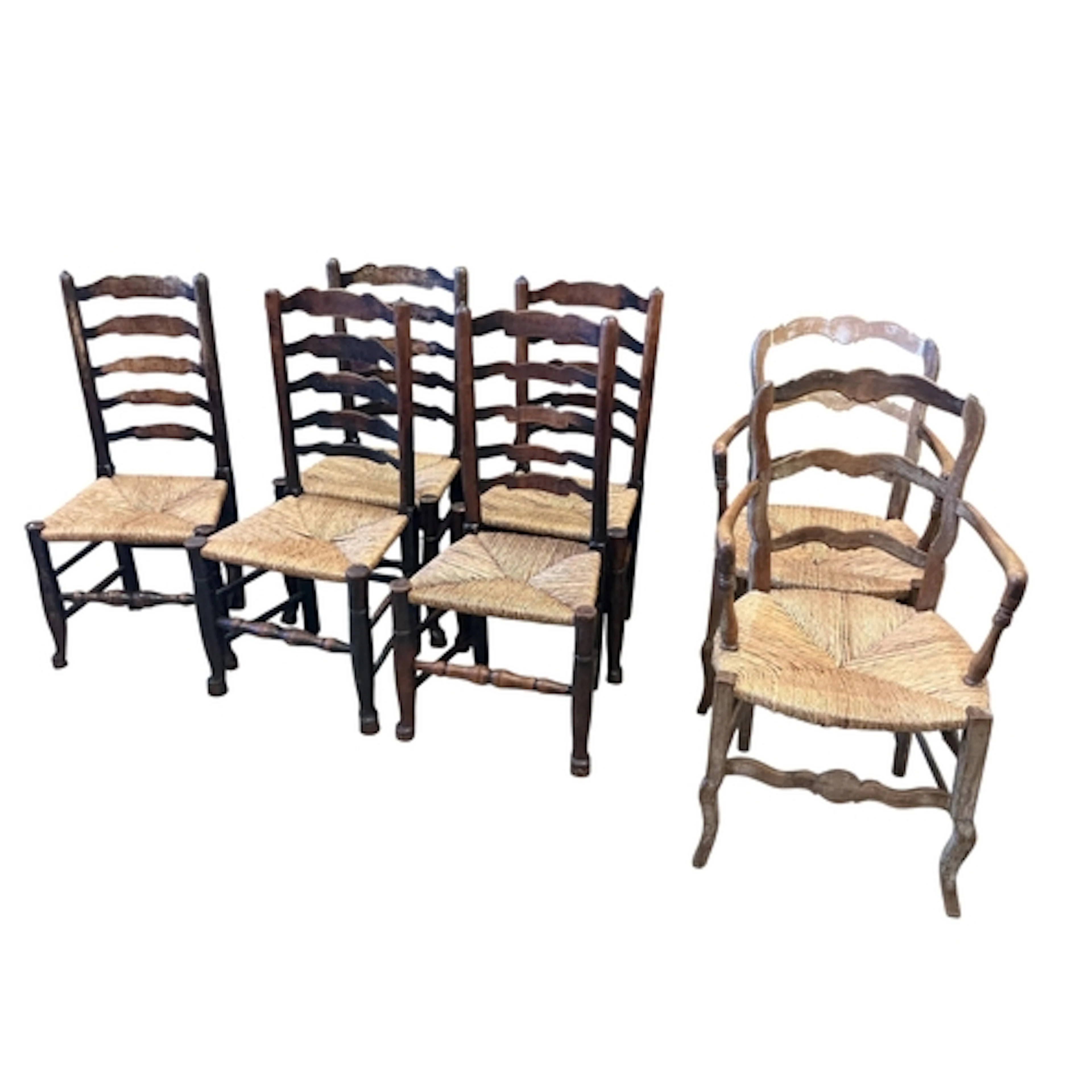 Five rush-seat ladder back dining chairs, width 50cm, depth ...