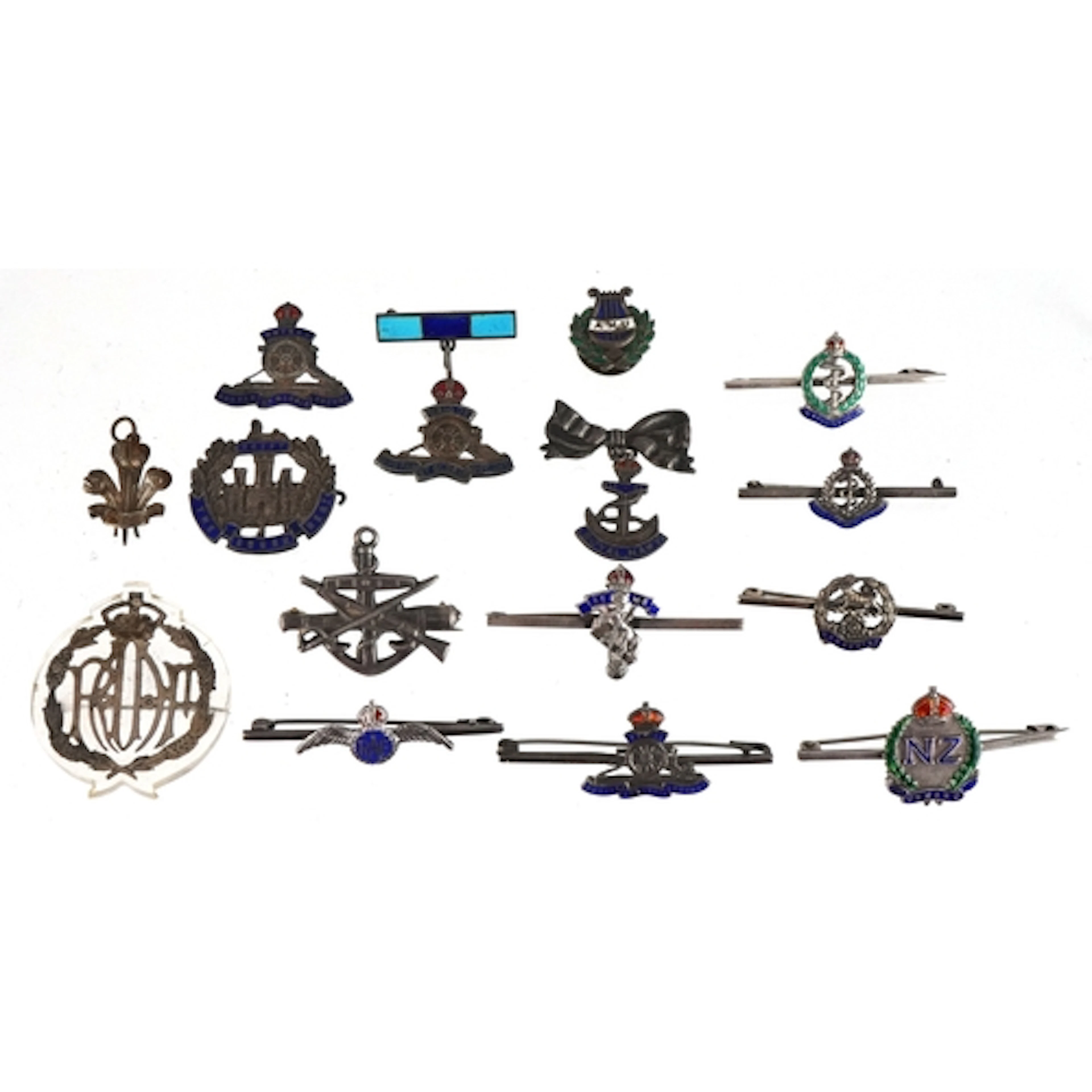 Collection of silver and enamel sweetheart brooches includin...