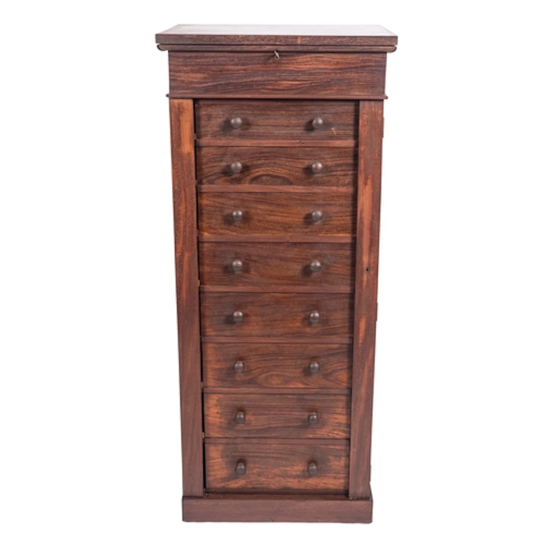 A stained hardwood, probably mahogany Wellington chest, late...
