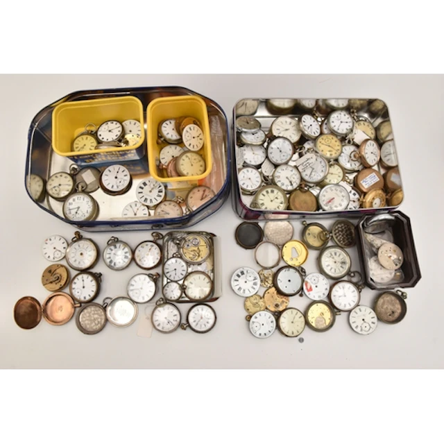 TWO TINS OF ASSORTED POCKET WATCHES, to include five white m...