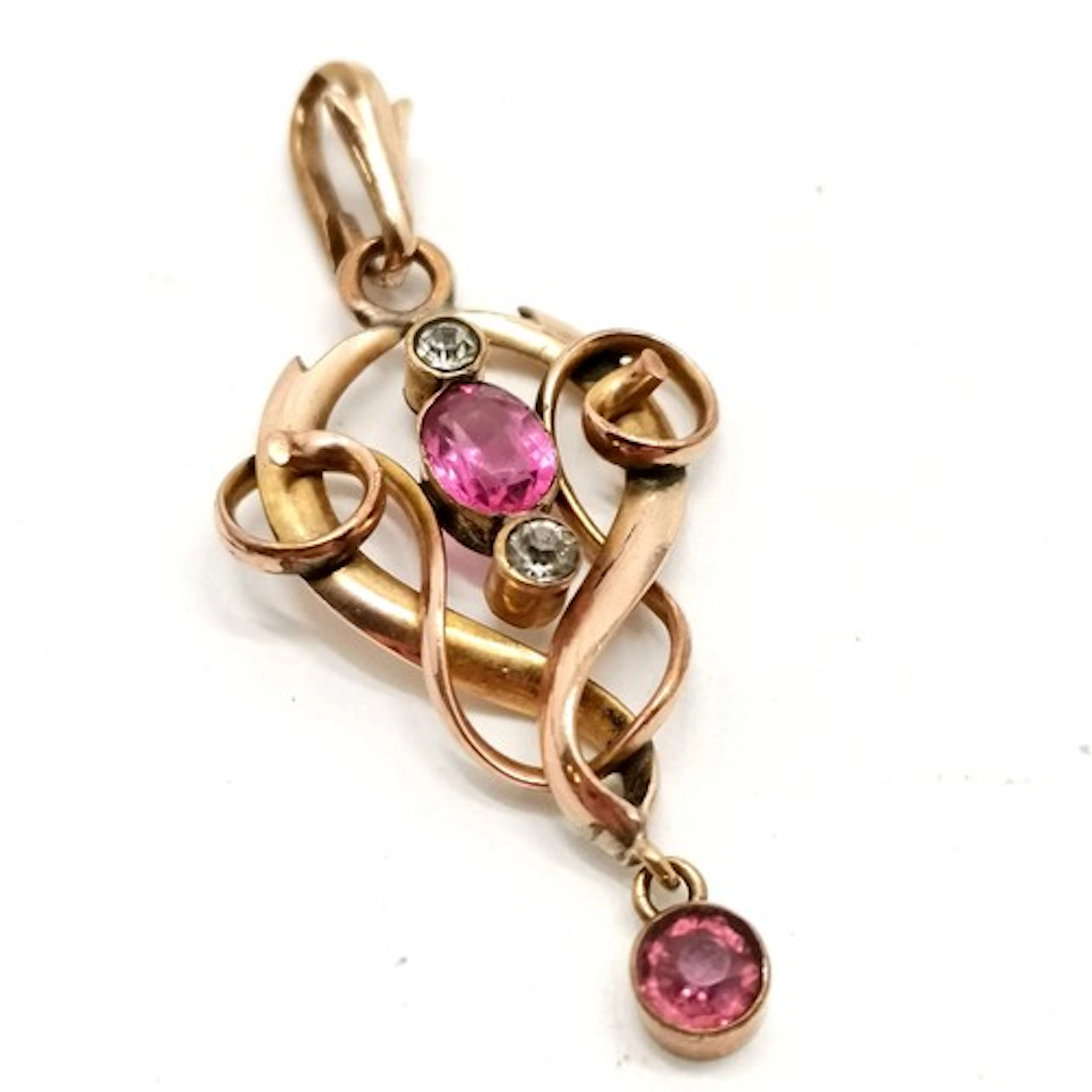 Antique Art Nouveau pink & white stone set pendant - 4cm dro...