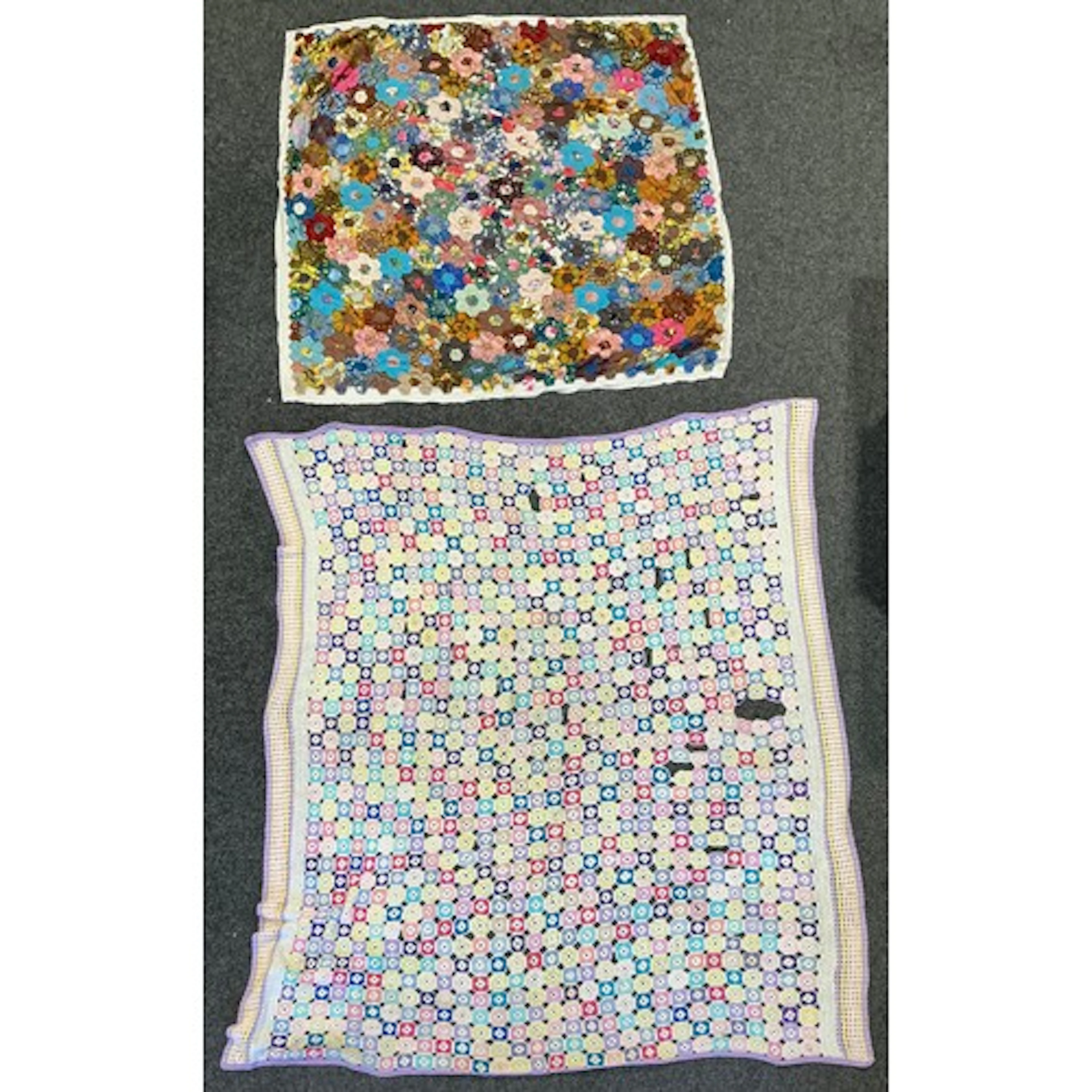 Textiles - a Grandmother’s Garden type patchwork bed cover, ...
