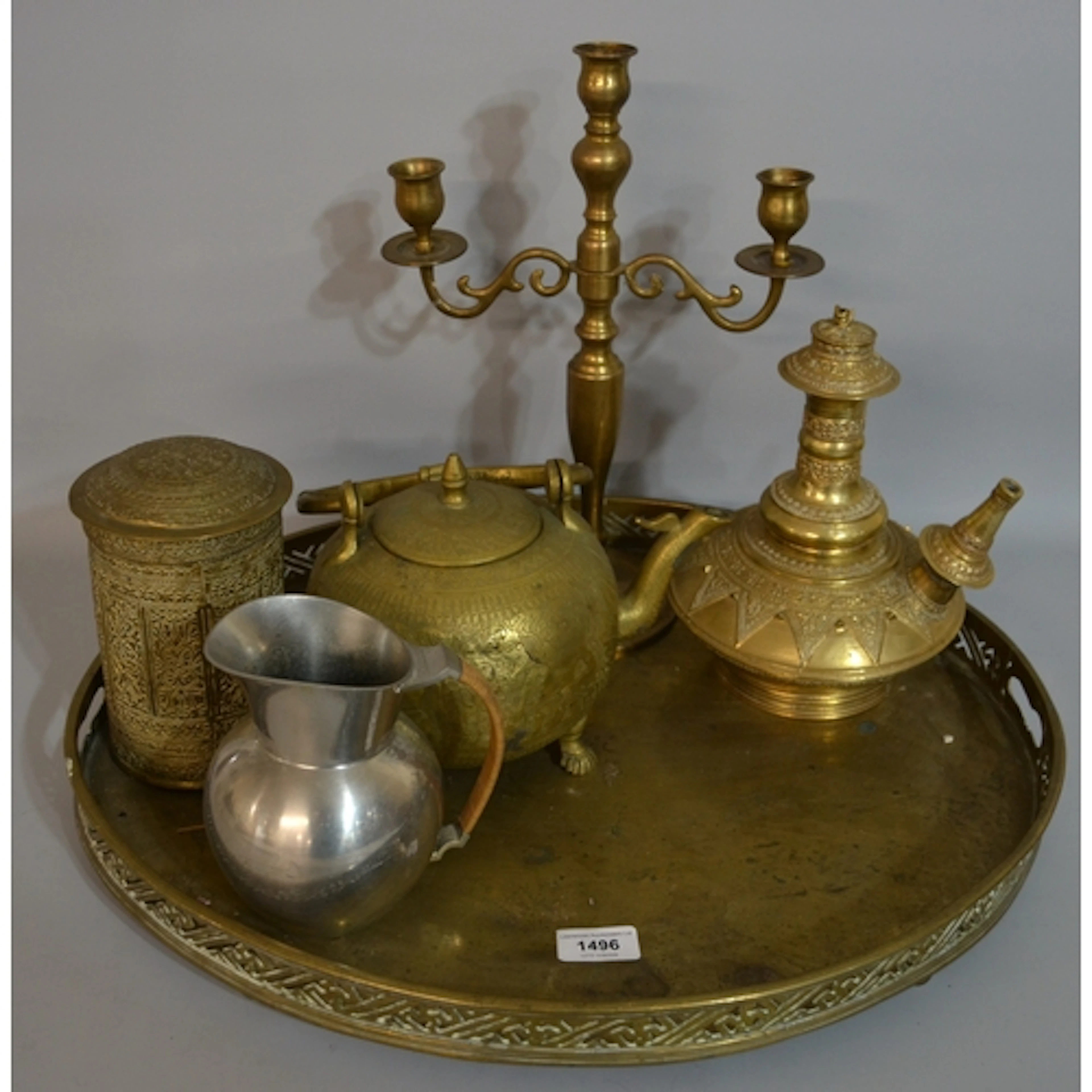 Siamese brass teapot, water vessel, cylindrical cannister an...
