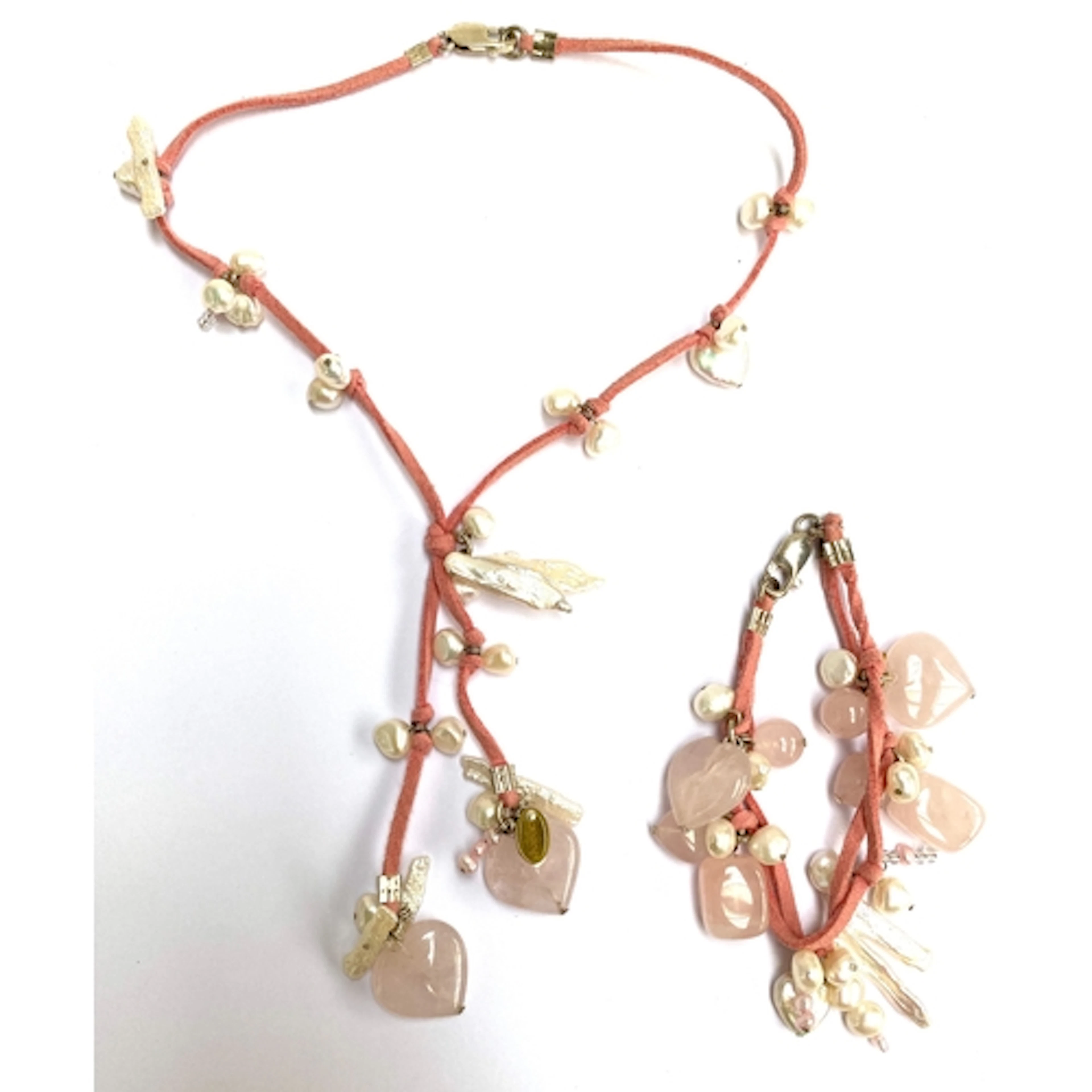 A 925 silver, rose quartz, pearl and keshi pearl necklace an...