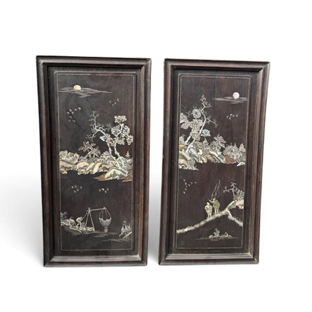 A PAIR CHINESE MOTHER OF PEARL INLAID WOODEN PLAQUES Each: 5...