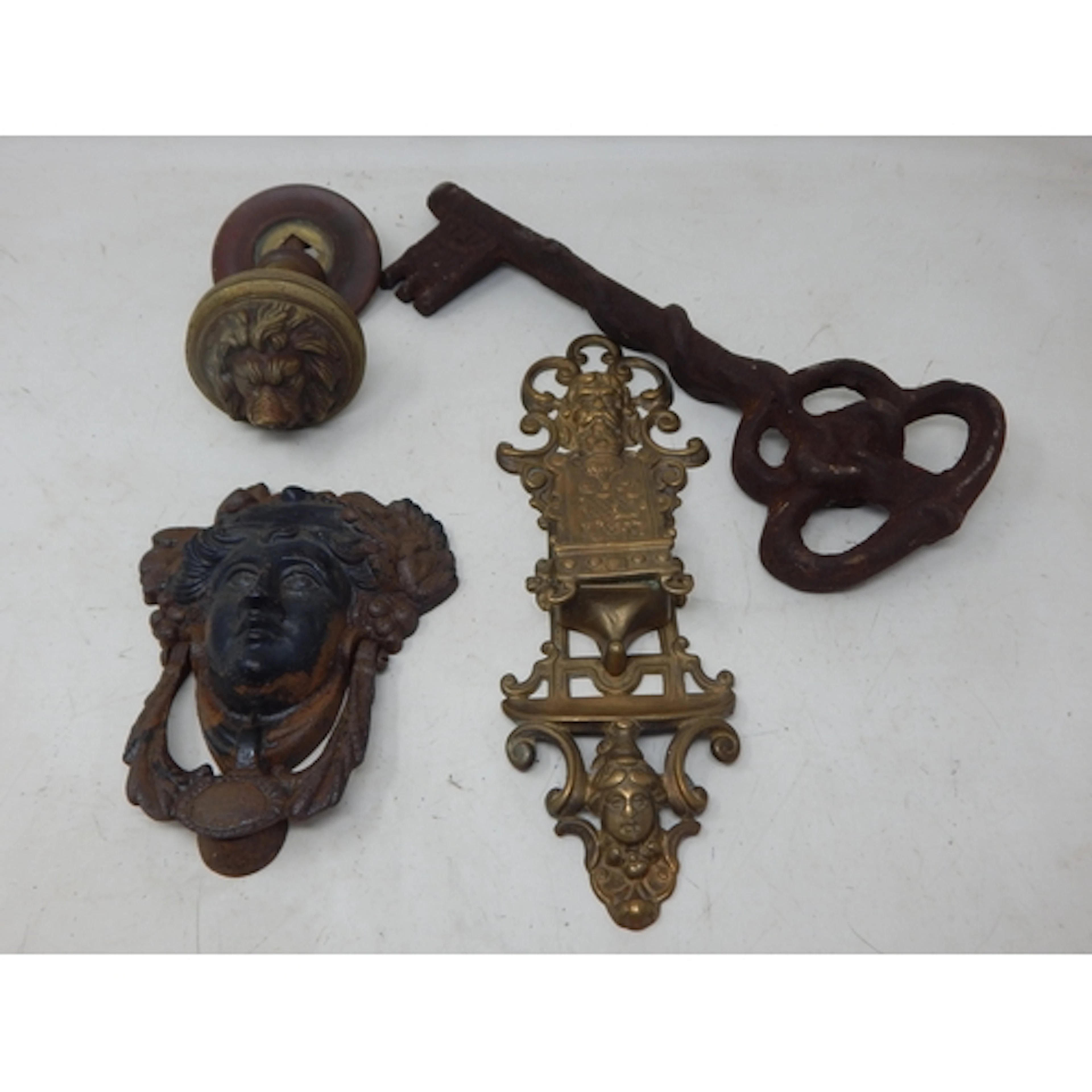 19th Century Cast Iron Mask Door Knocker, 19th Century Brass...