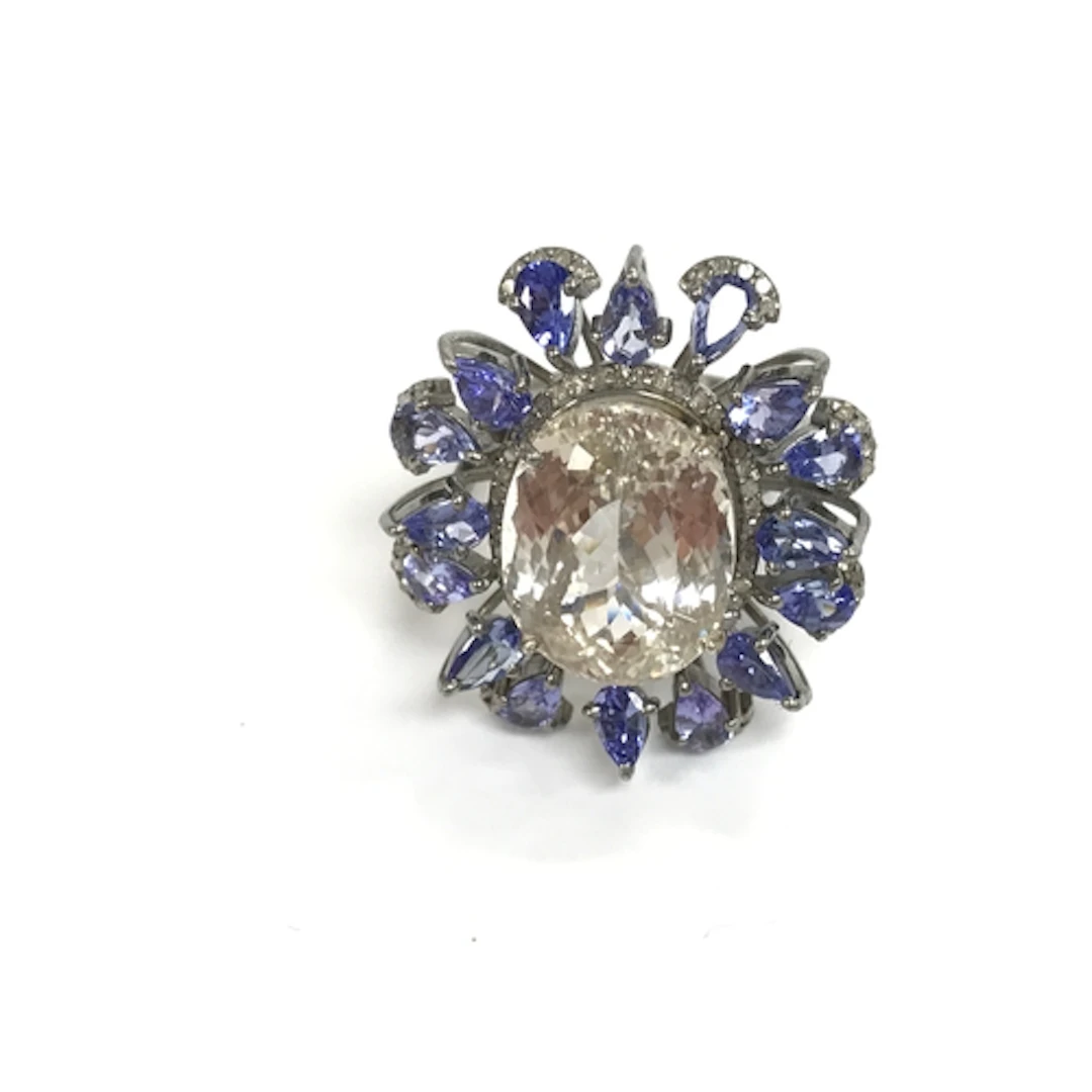 Silver large dress ring set with oval morganite pear shaped ...