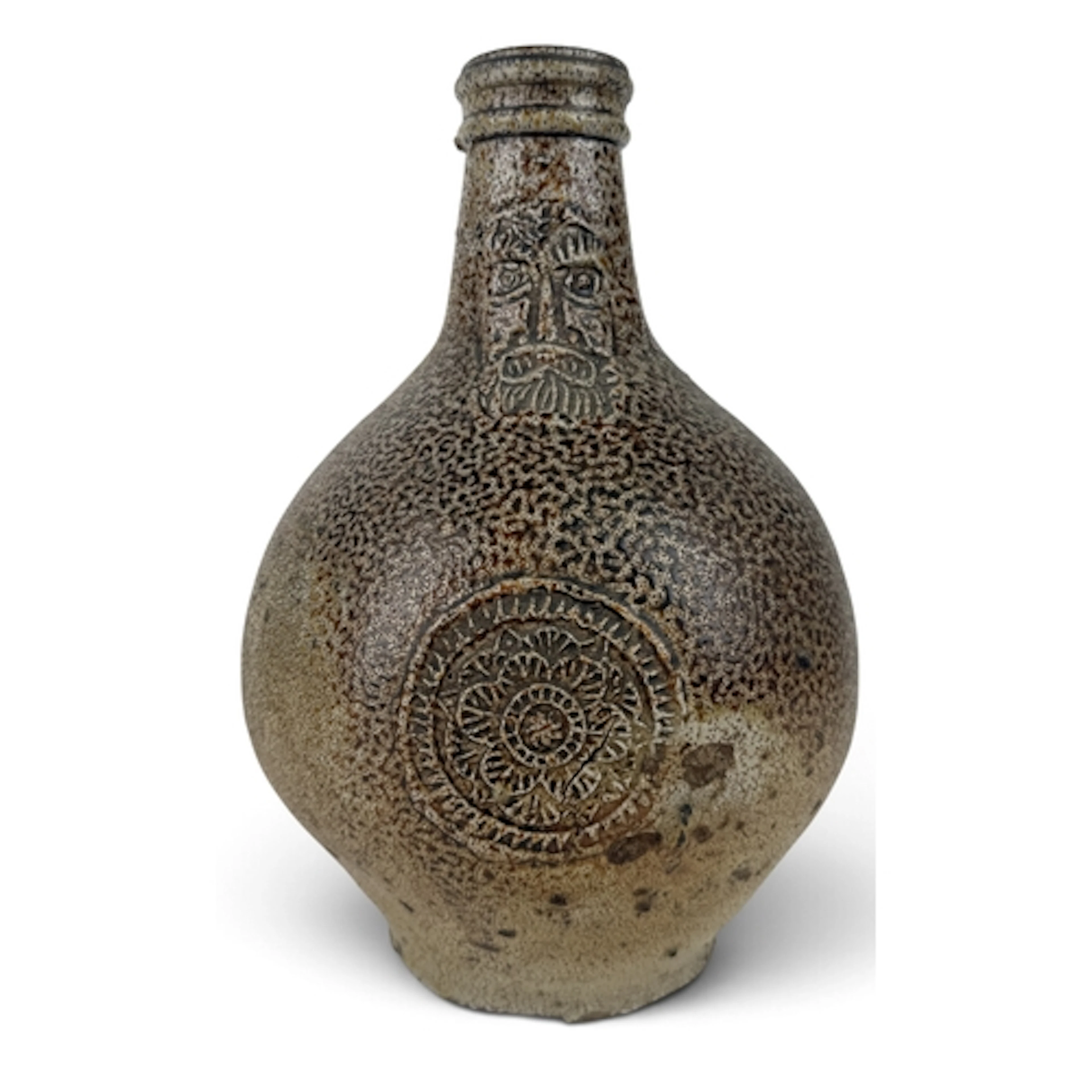 A 17TH CENTURY SALT GLAZED EARTHENWARE BELLARMINE JUG With b...