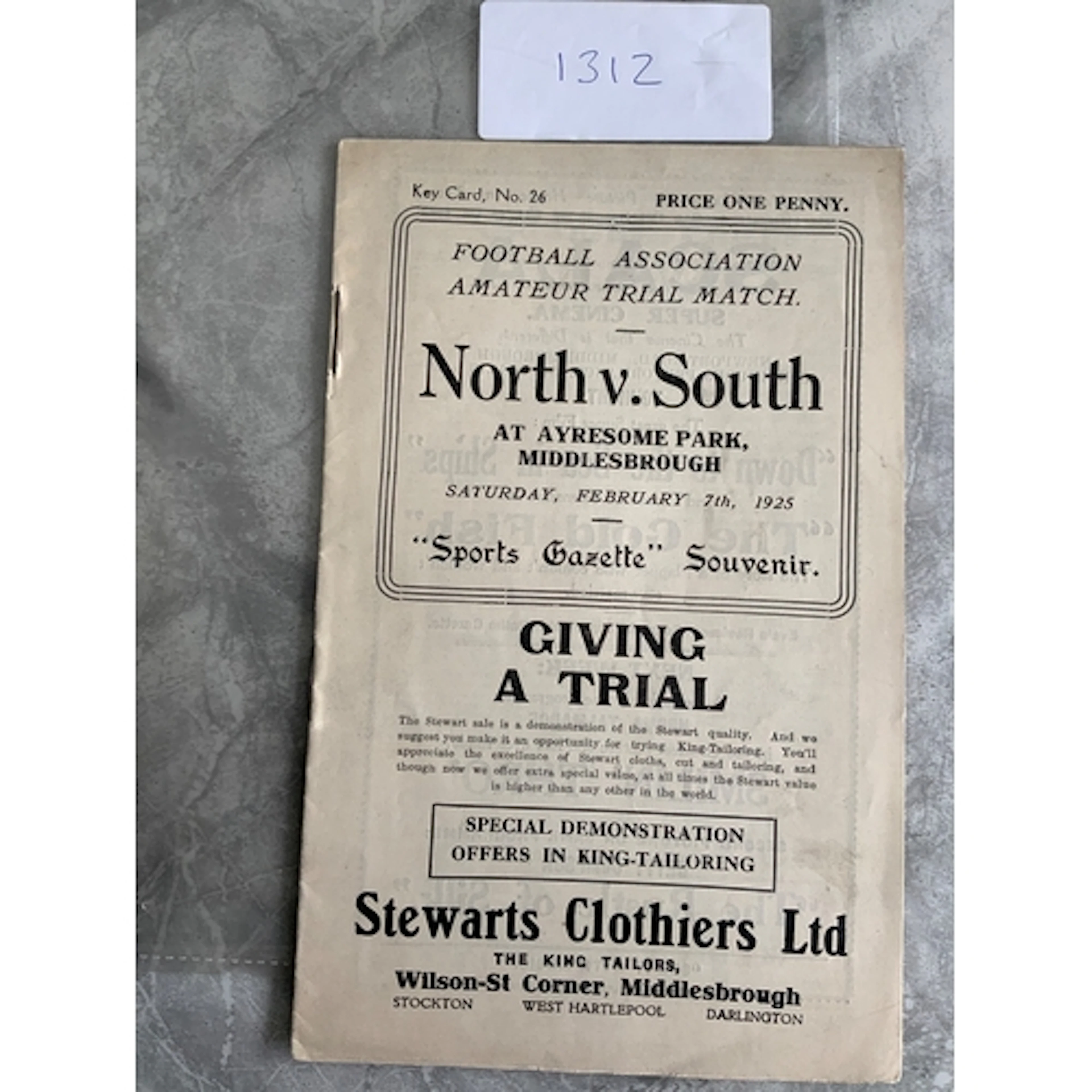 1924 - 1925 North v South Football Programme At Middlesbroug...