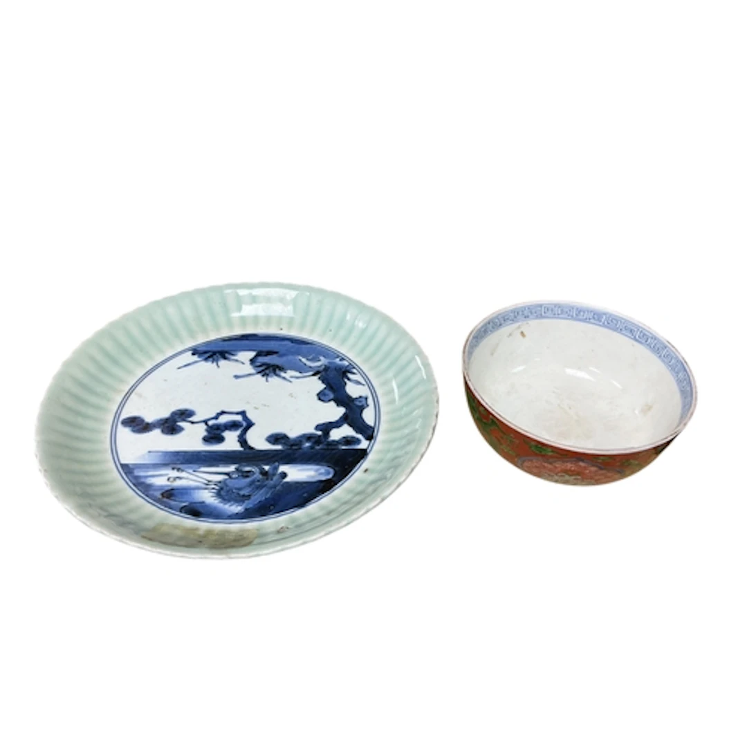A Japanese Arita blue and white crane dish, Edo period, pseu...