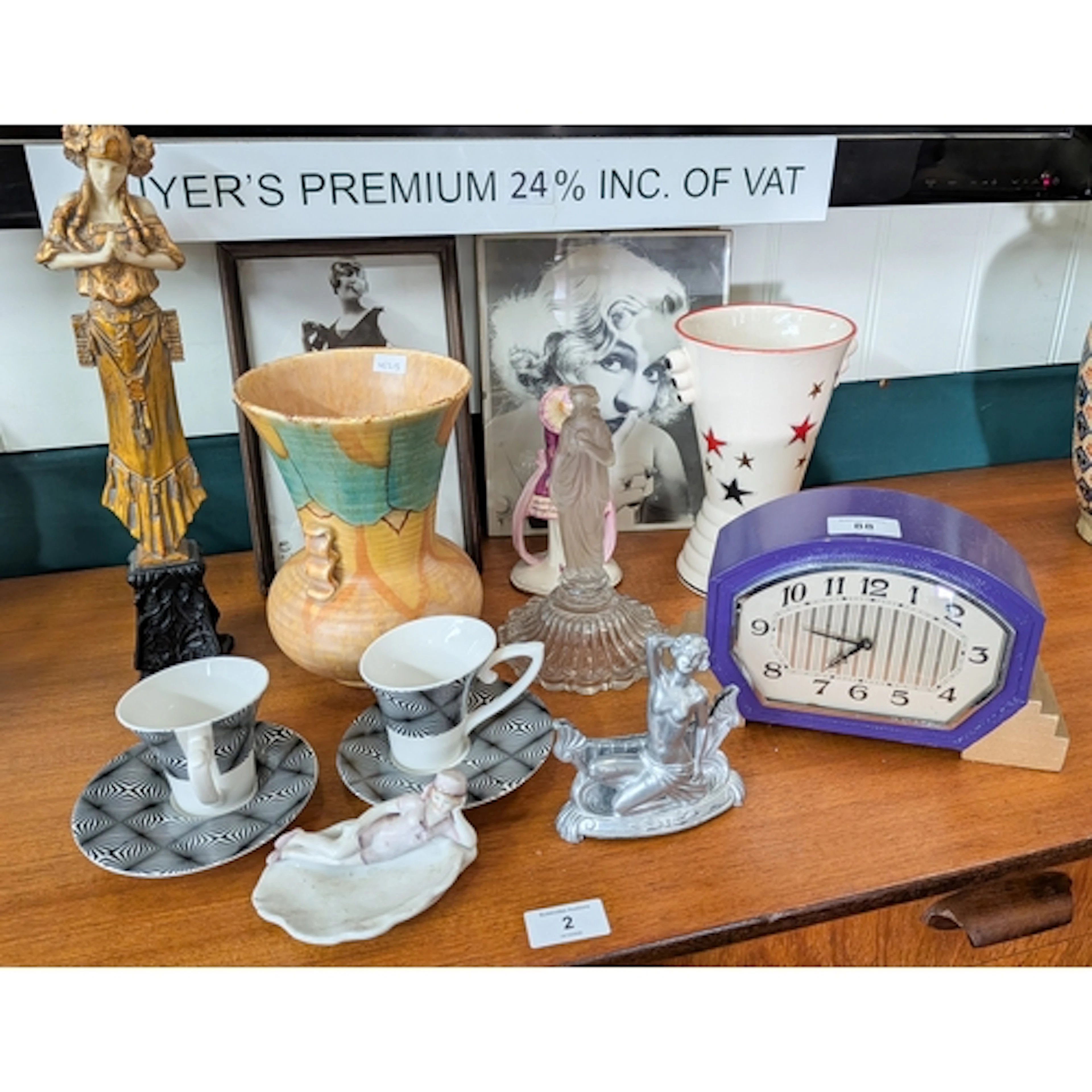 Art Deco - A mantle clock, vases, figures, vases cups and sa...
