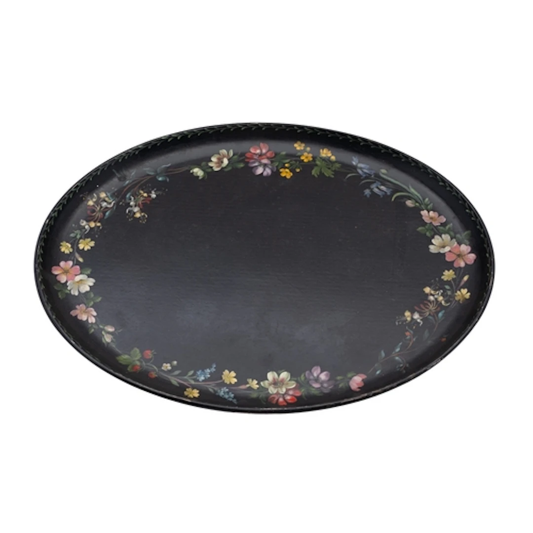 Three Victorian black lacquered trays, circa 1860s; comprisi...
