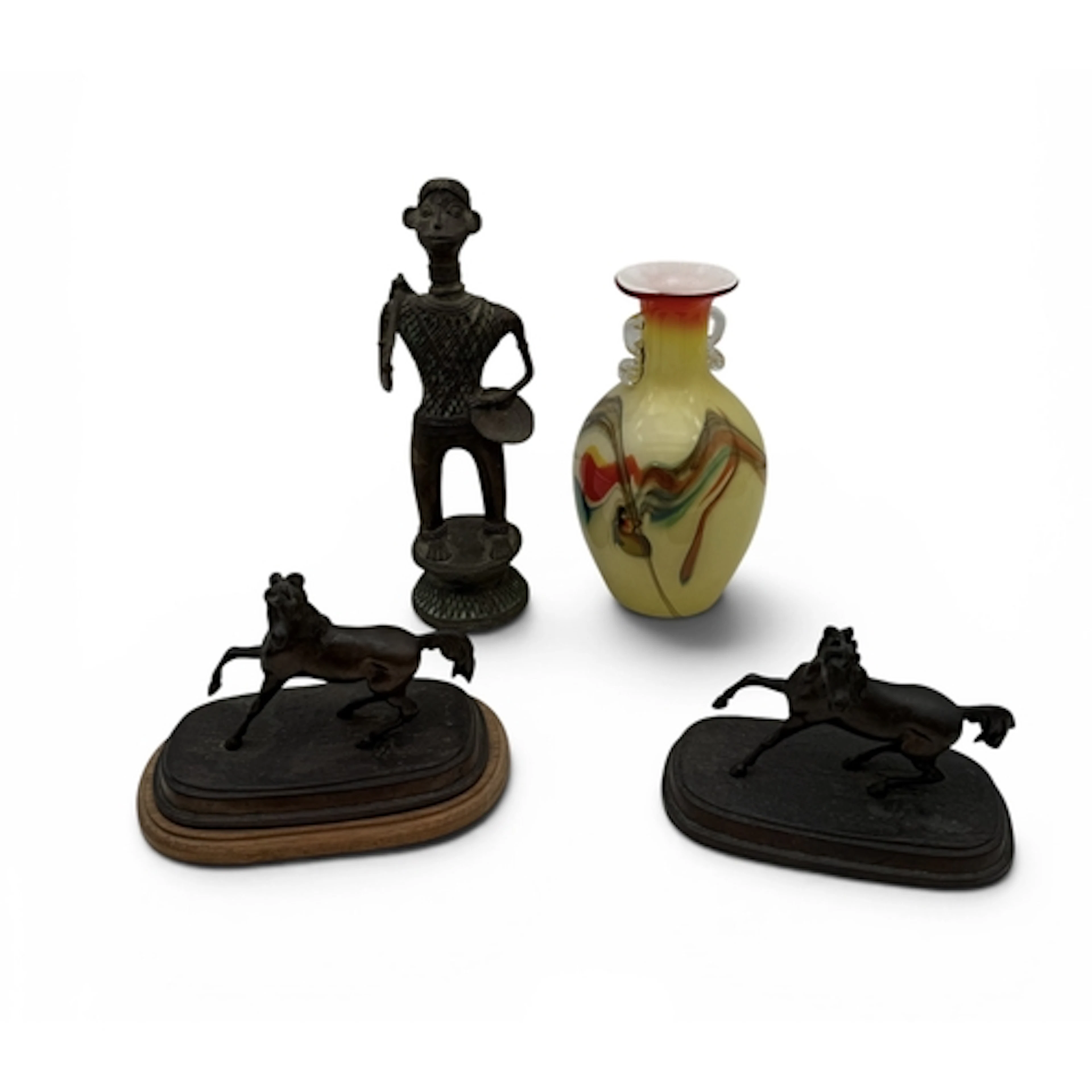 A PAIR OF BRONZE HORSES, TOGETHER WITH AN AFRICAN BRONZE FIG...