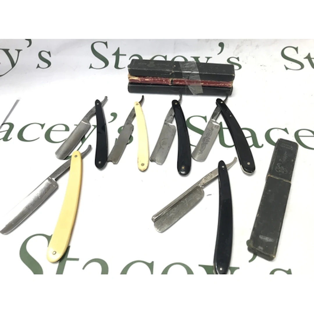 Six vintage straight razors, all rare makers. Good condition...