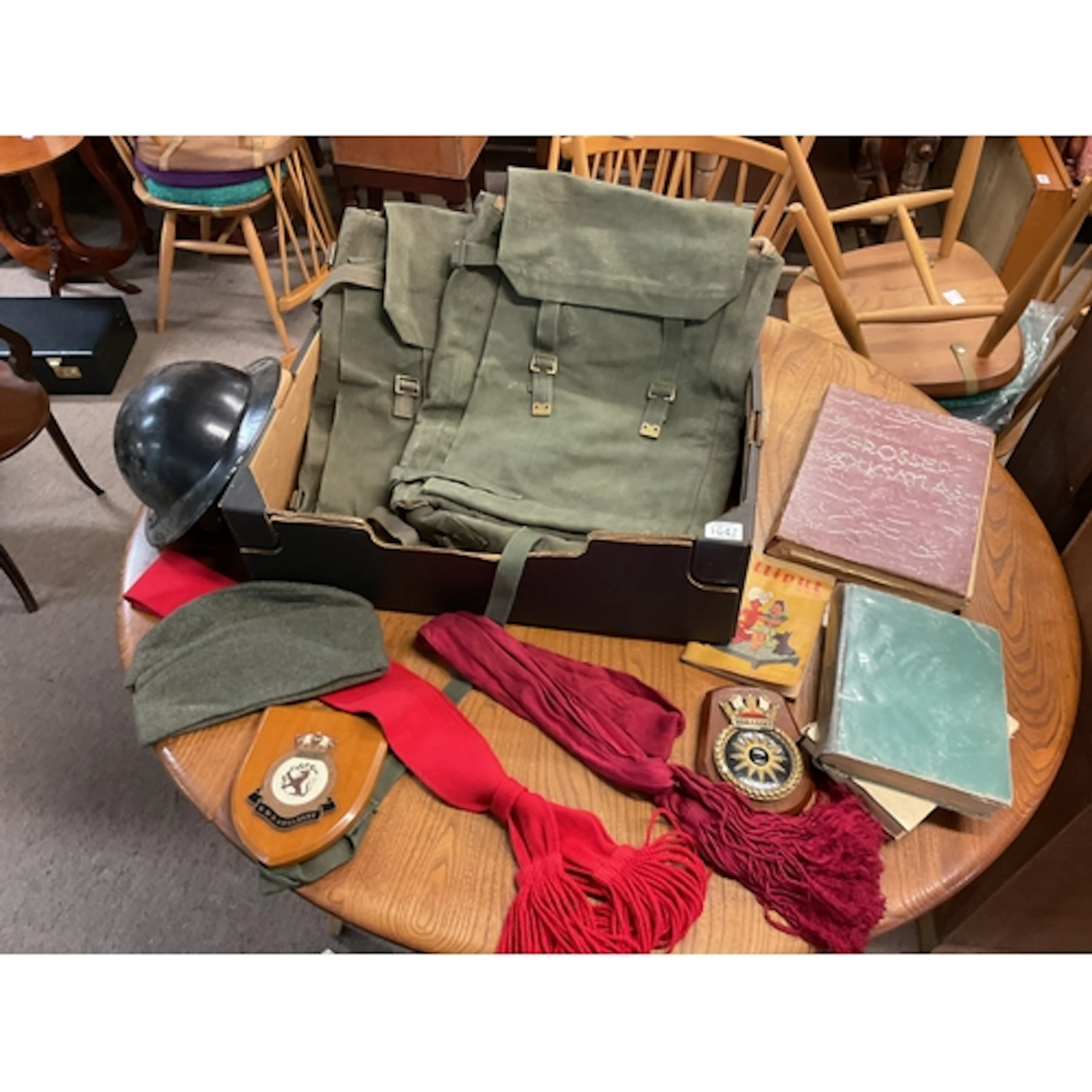 Qty militarism, radio packs RSM Sashes, WWII German books, b...