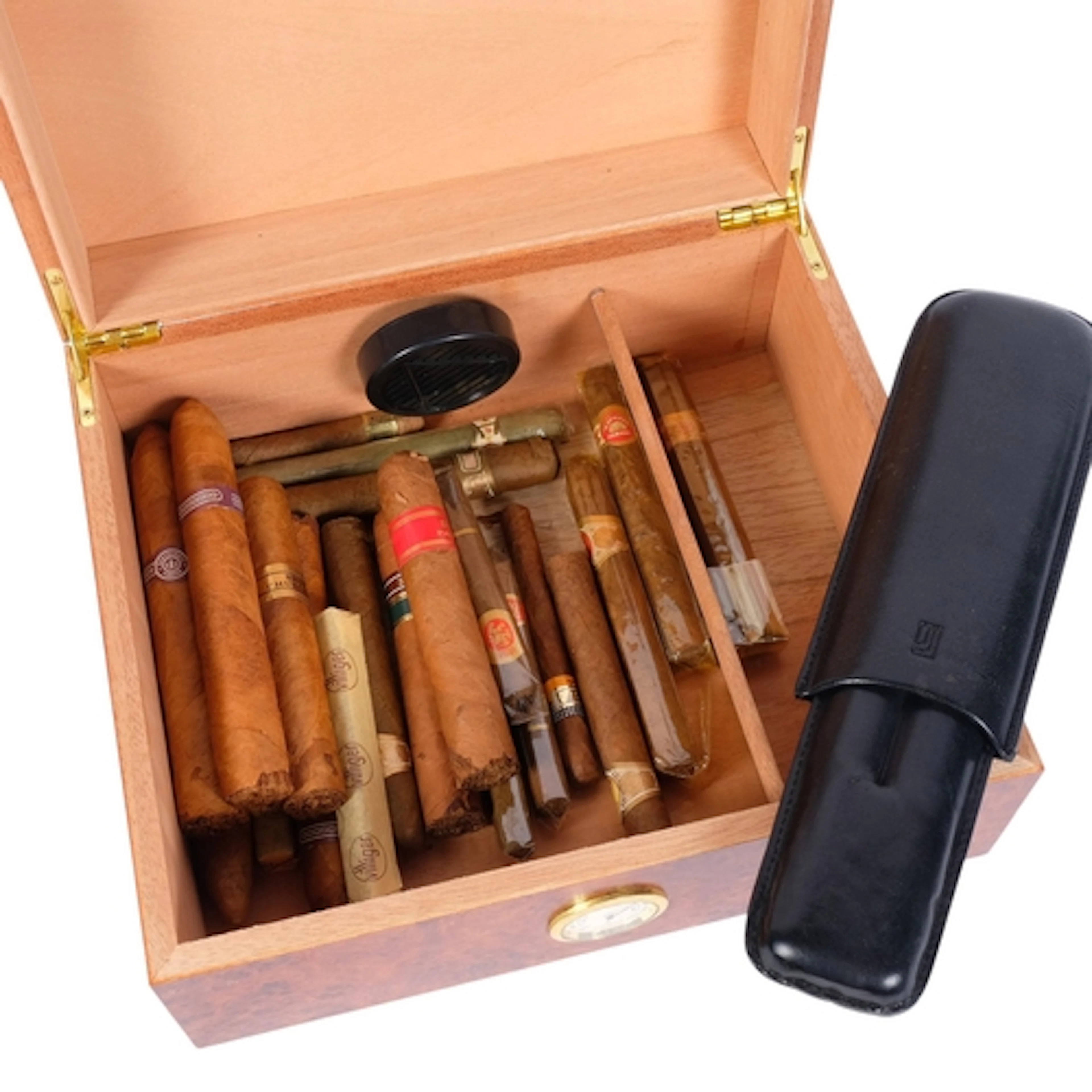 An unbranded cigar humidor, containing a variety of cigars, ...