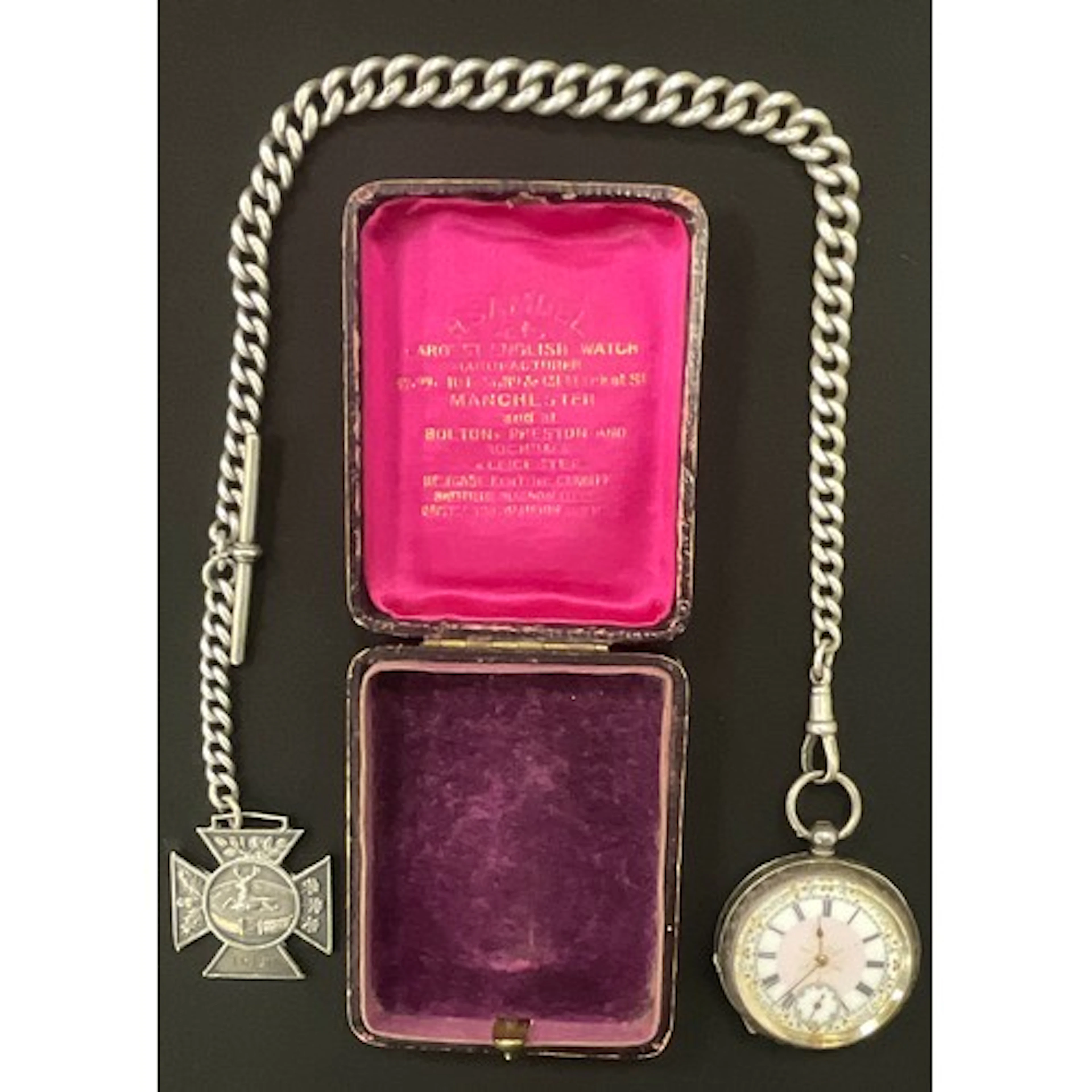 A continetal 935 silver cased fob watch, pink and white dial...