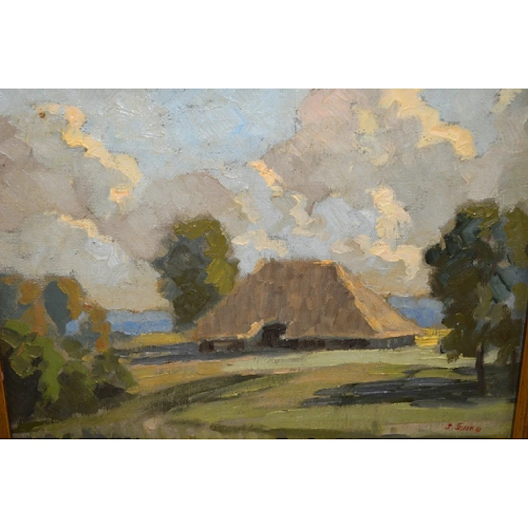Impressionist style, oil on canvas, view of a thatched barn ...