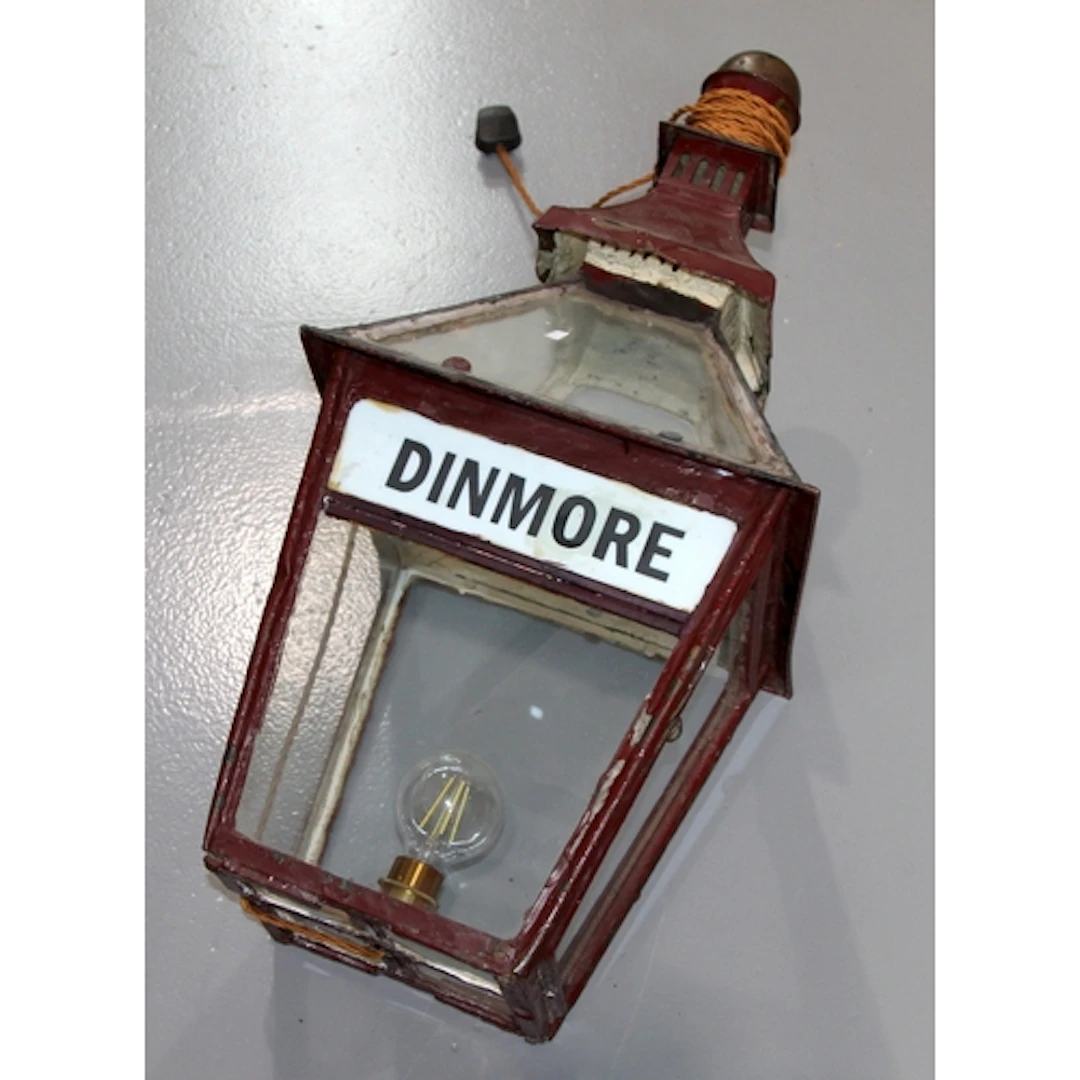 Antique railway platform lantern with Dinmore name plaque. F...