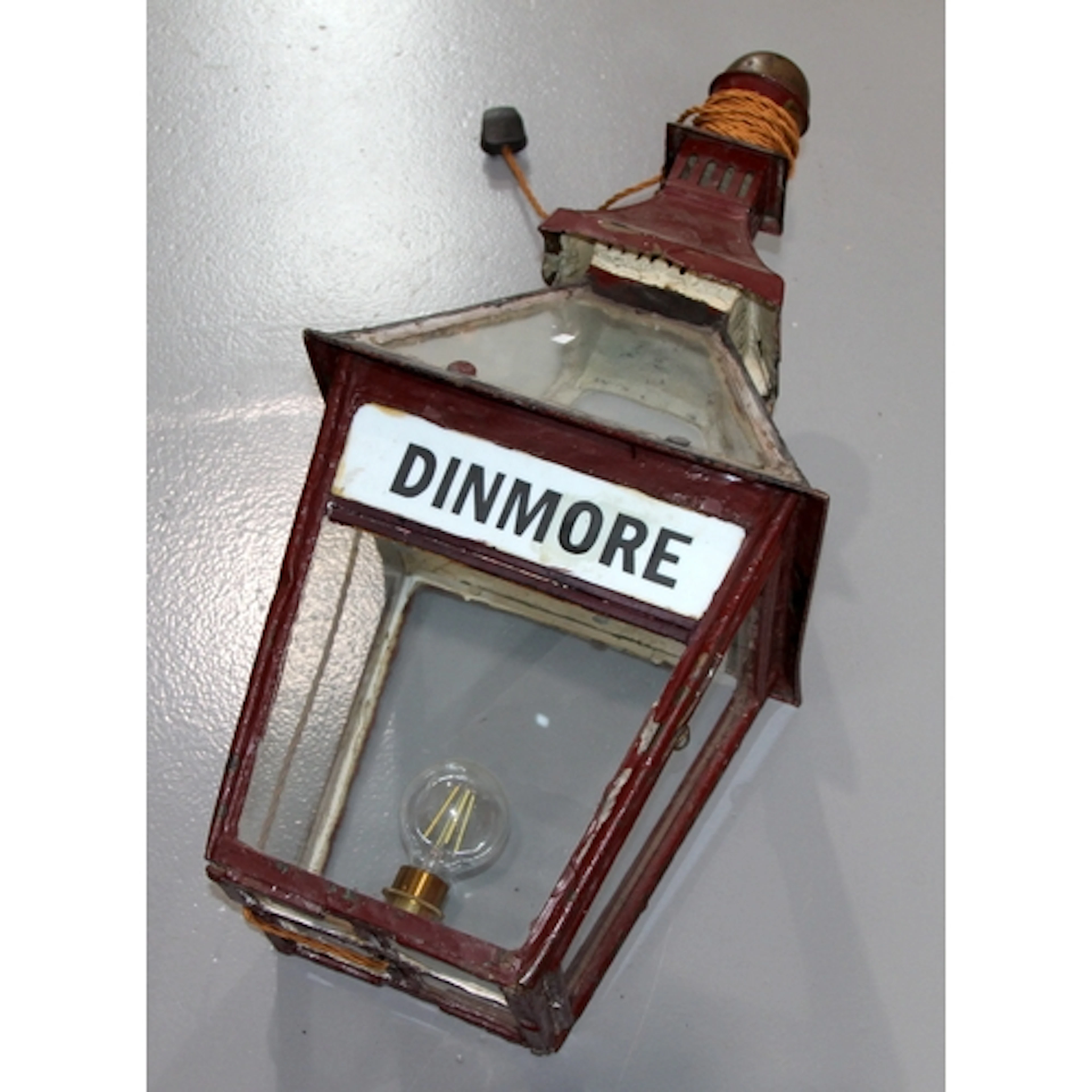 Antique railway platform lantern with Dinmore name plaque. F...