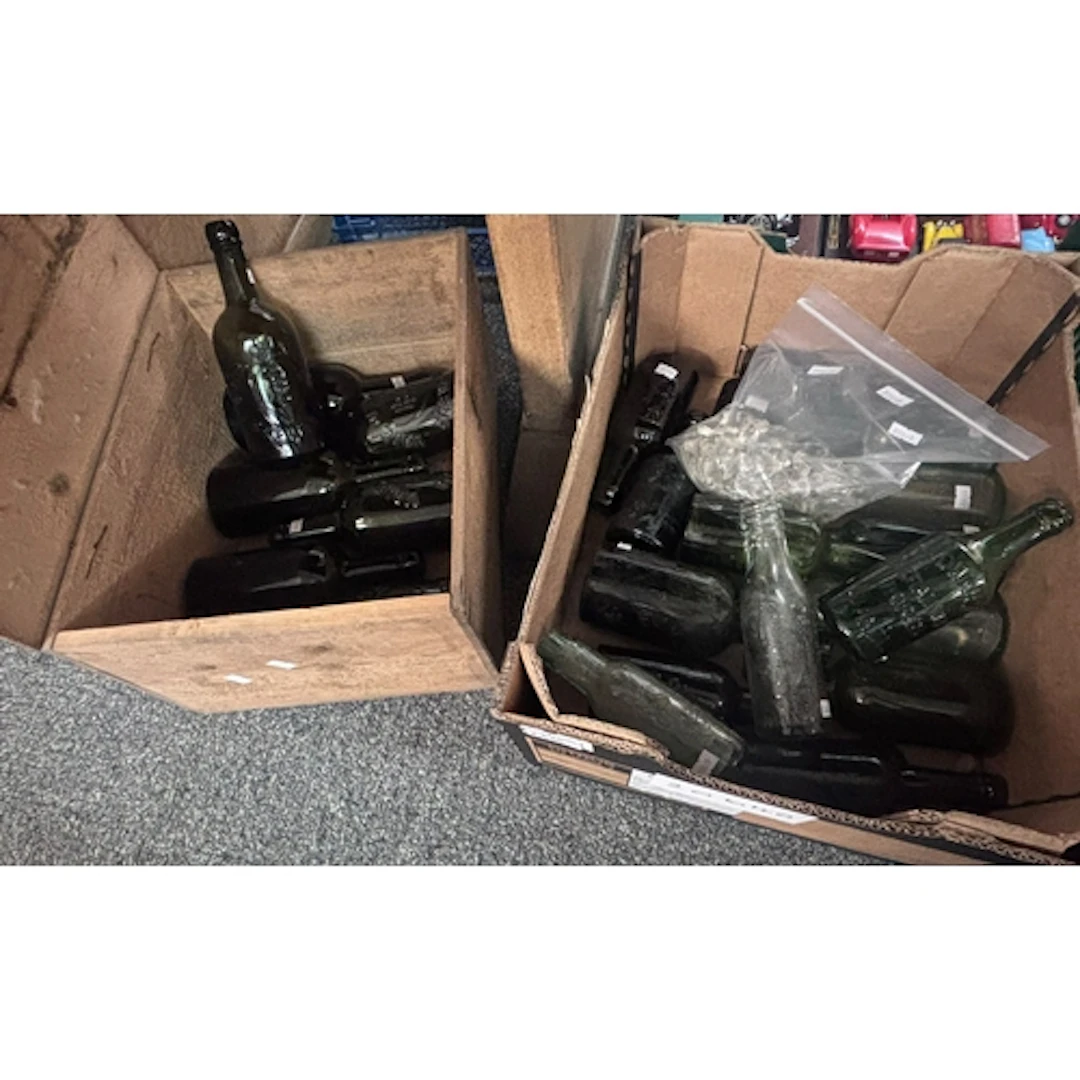 Two boxes of vintage glass bottles to include Vale of Neath ...