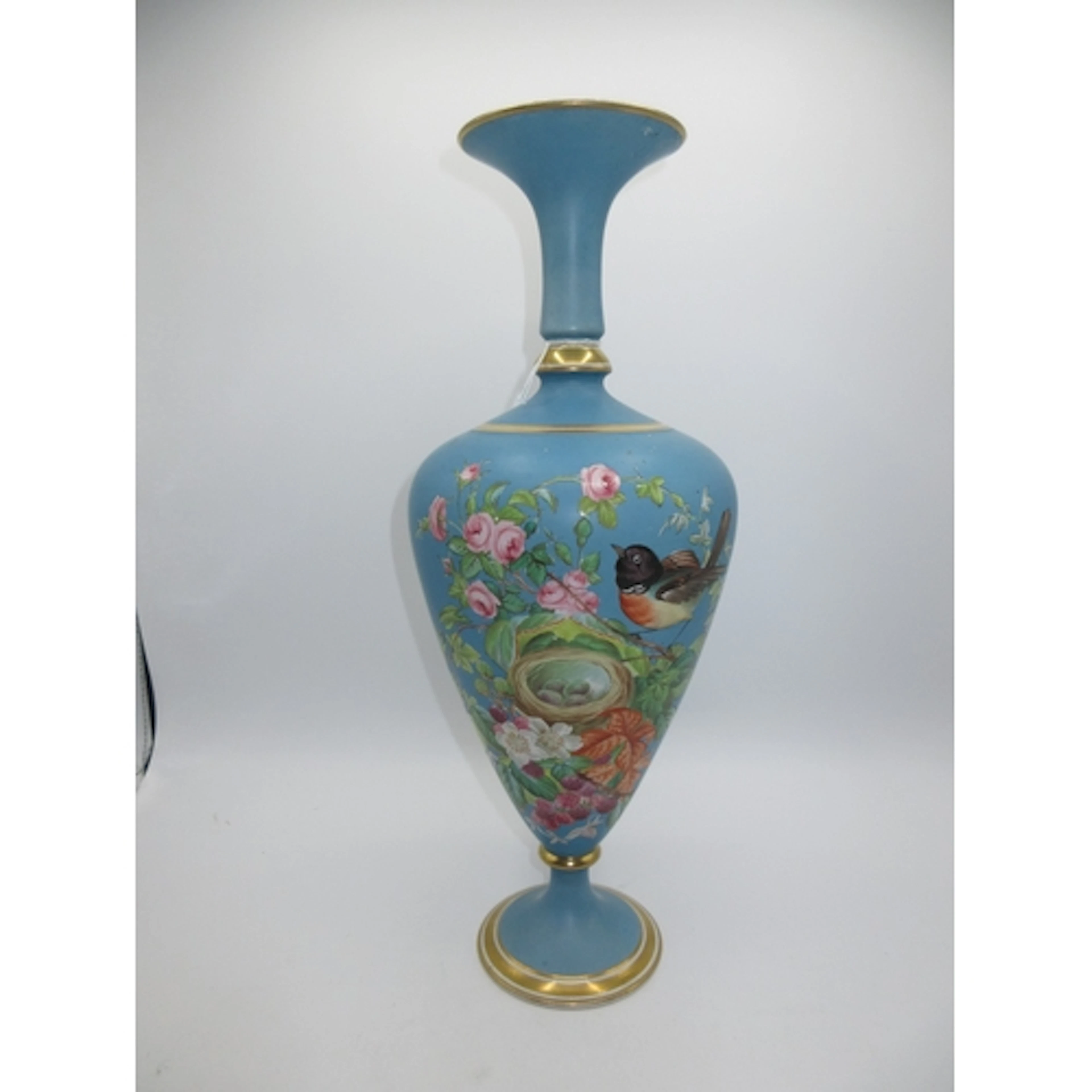 Victorian Pottery Vase Painted with Bird and Nest, 37cm