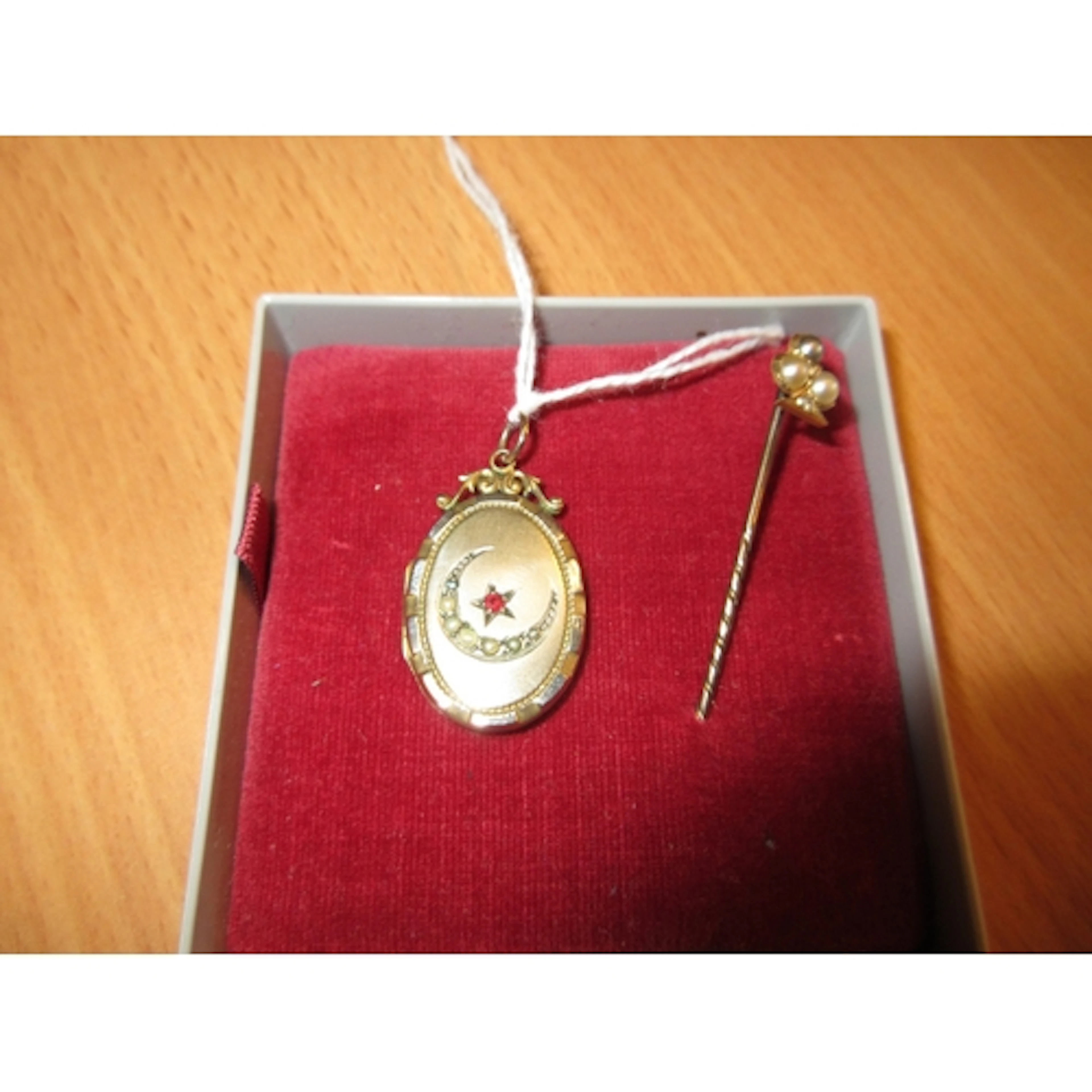 Pearl and White Gem Clubs Shaped Stick Pin and Victorian Yel...