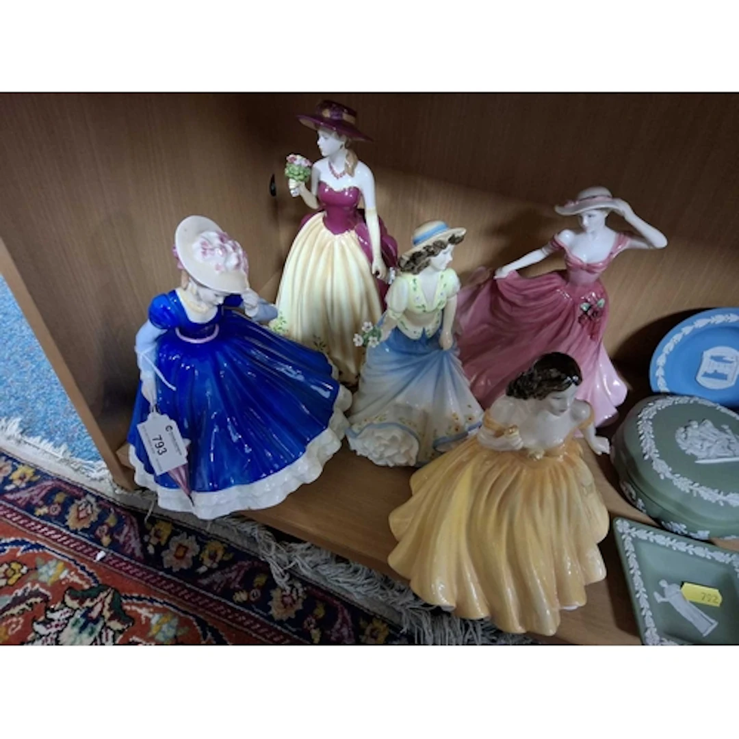 FIVE PORCELAIN LADY FIGURINES BY ROYAL DOULTON comprising 'E...