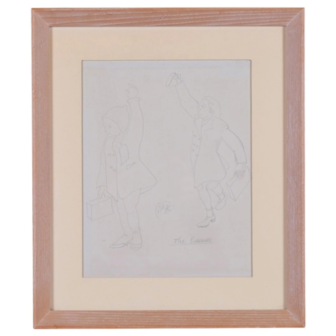 The Evacuees, pencil drawing, signed with monogram PK, 27cm ...