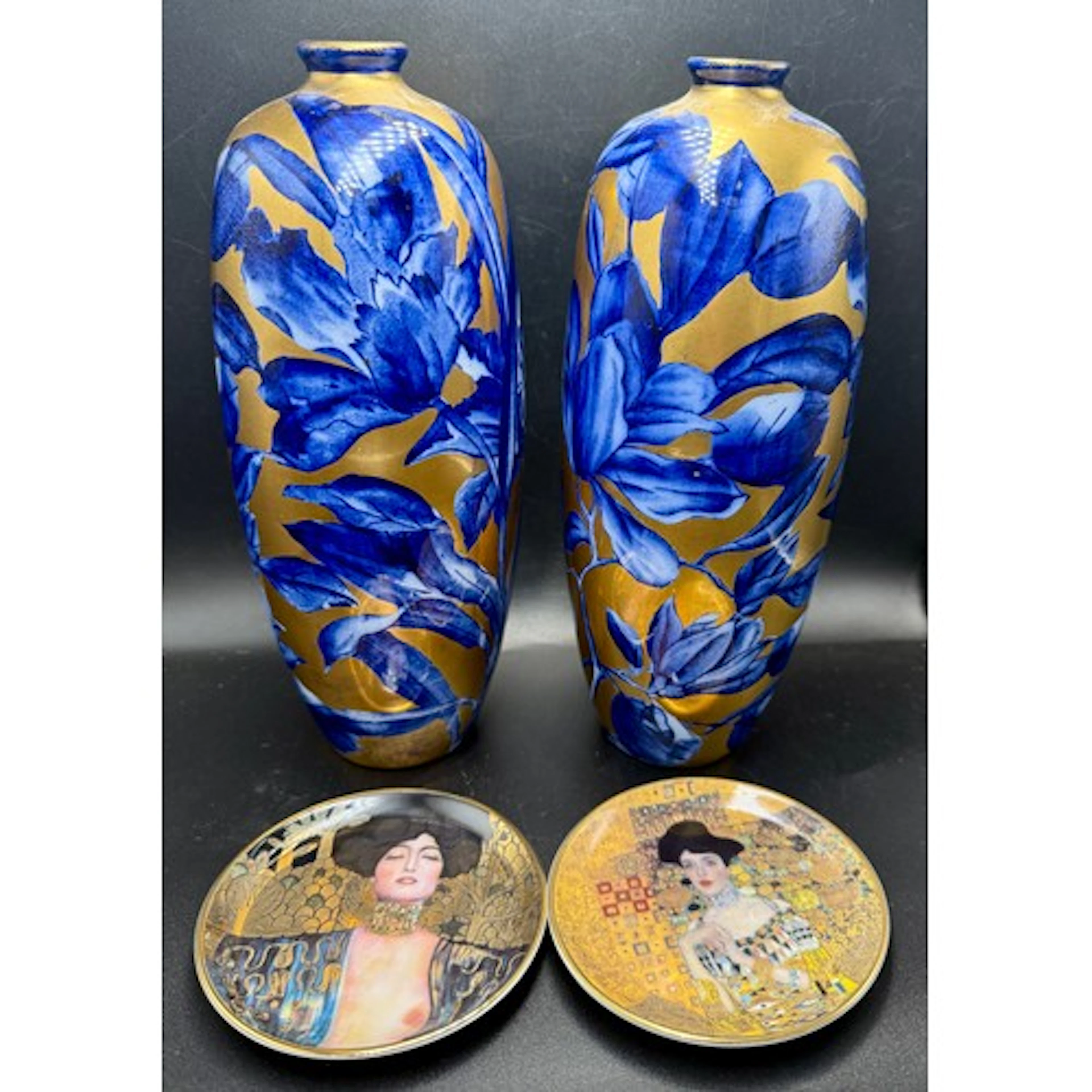 A pair of phoenix ware vases, 23cm h, together with two Goe...