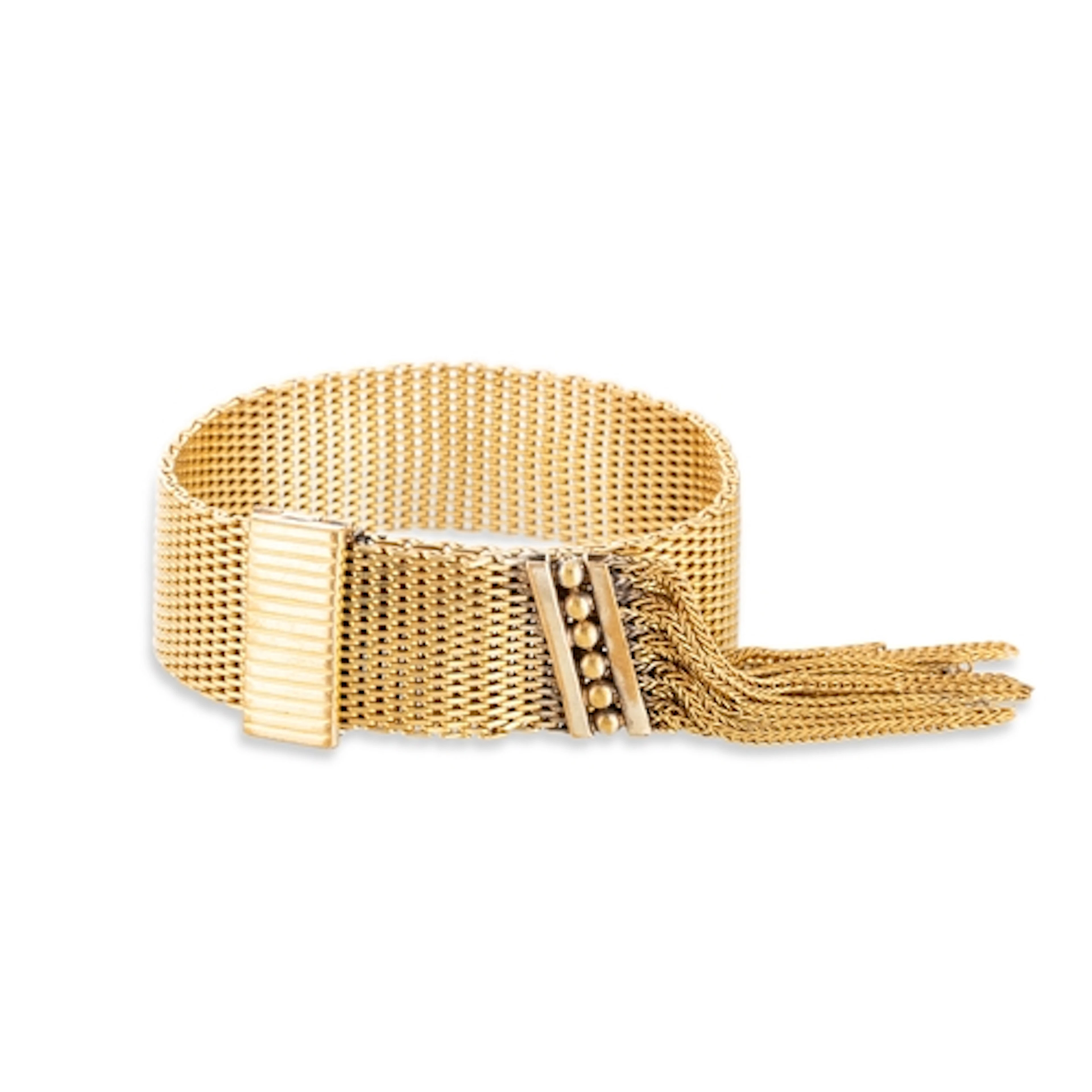 A MID-CENTURY FRENCH MESH BRACELET, adjustable clasp with ta...
