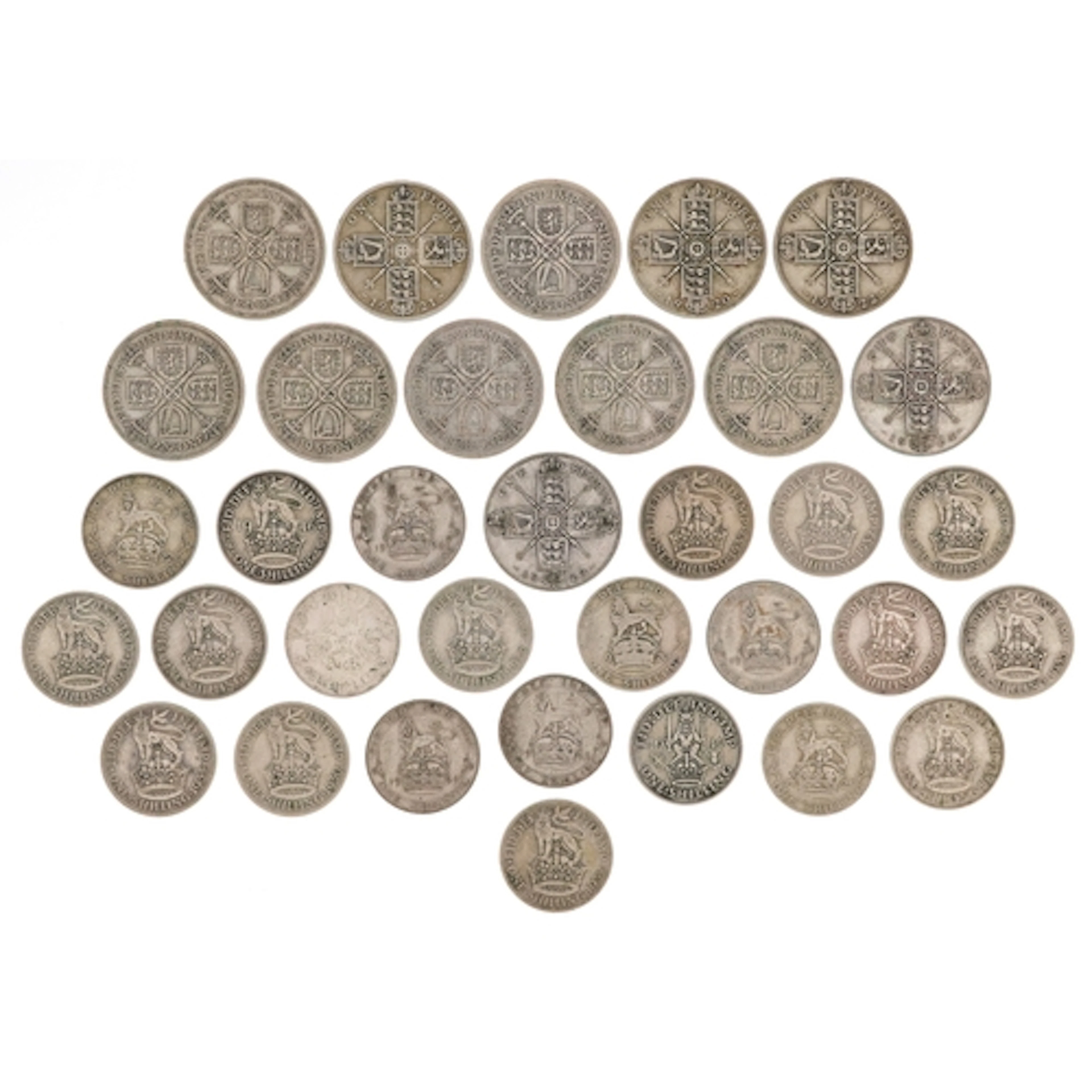 British pre 1947 silver coins comprising florins and shillin...