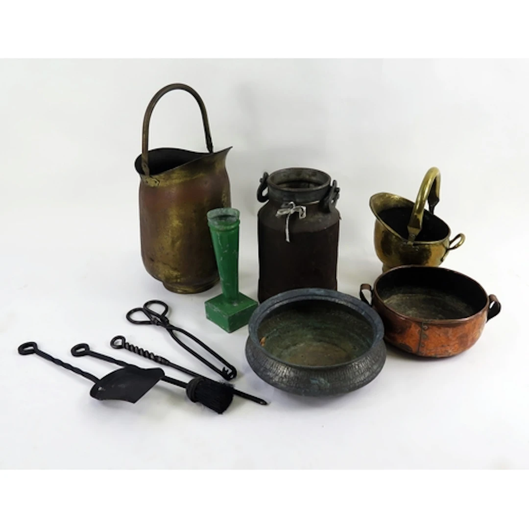 Assorted metal wares including brass coal scuttle, copper bu...