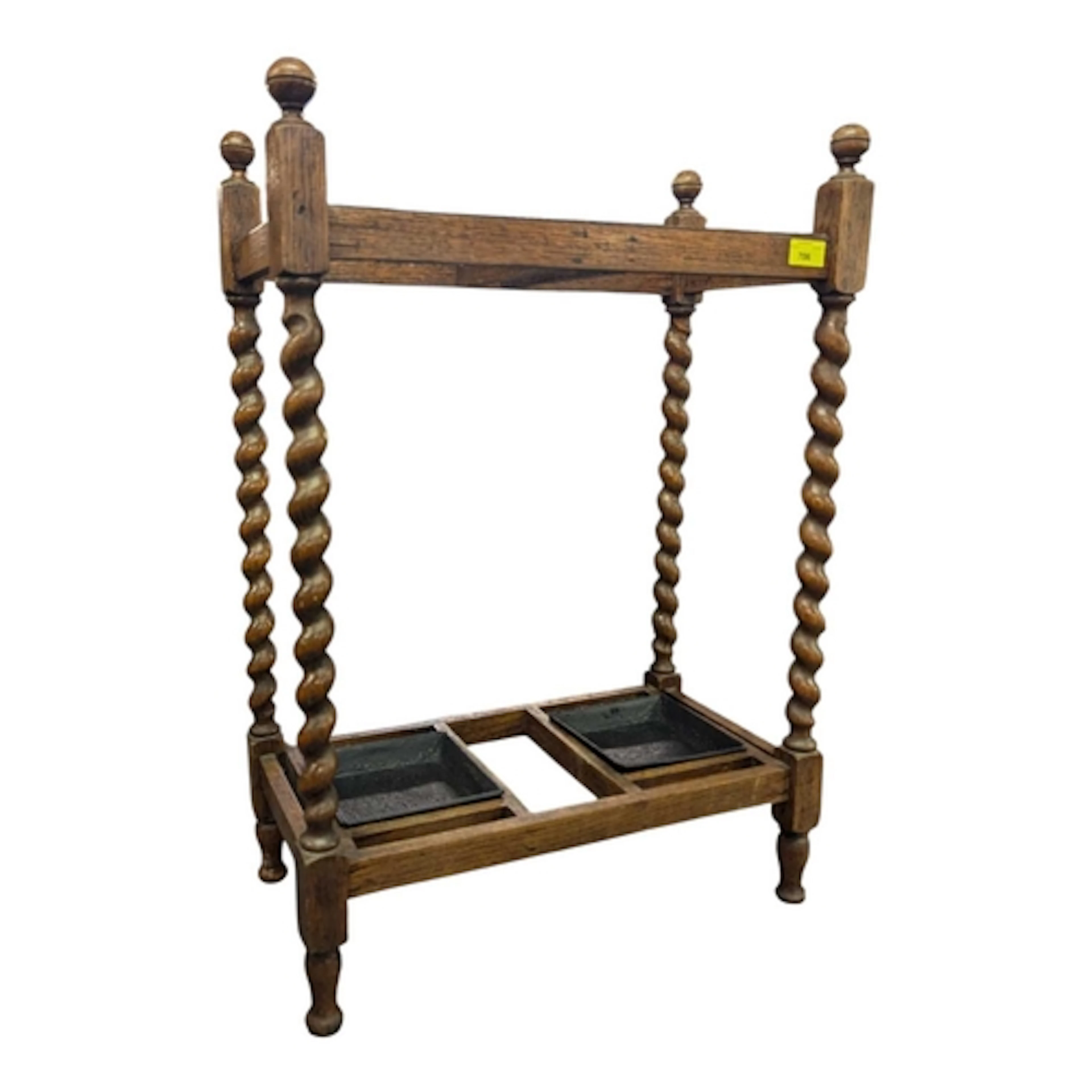 Edwardian oak hall stick / umbrella stand. Four barely twist...