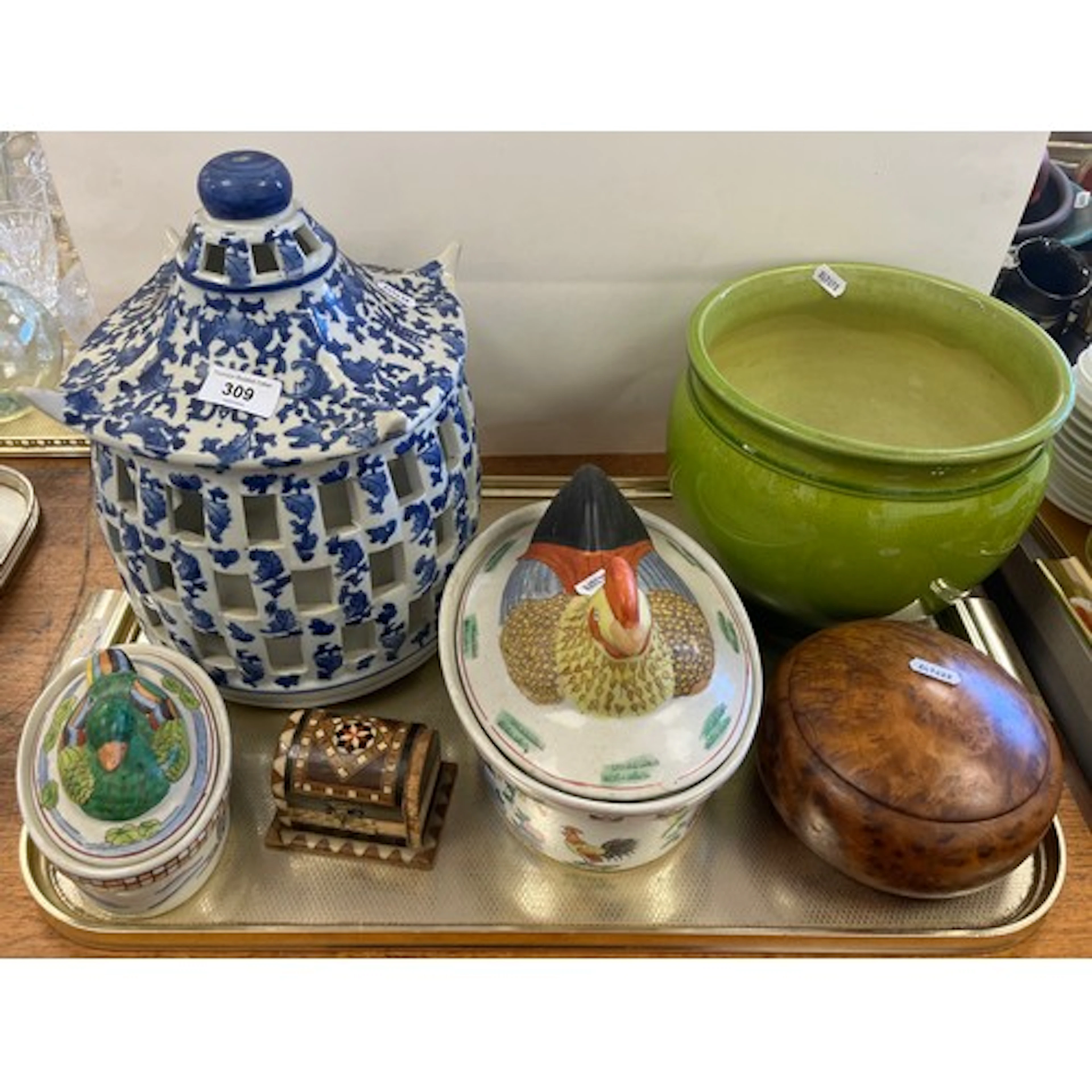 Oriental style blue and white lantern, two hen tureen, treen...