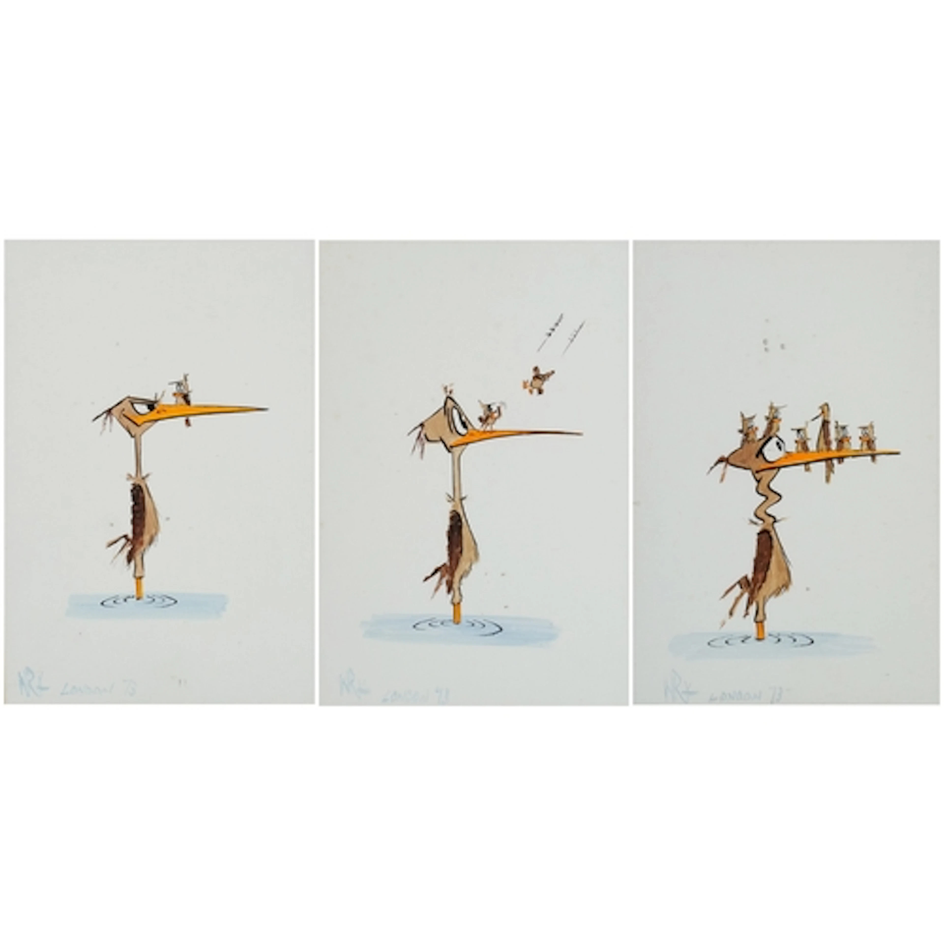 W R Y - Comical stork with chicks, three 20th century oils, ...