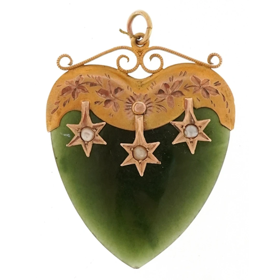 Antique 9ct gold, green stone and seed pearl love heart pend...