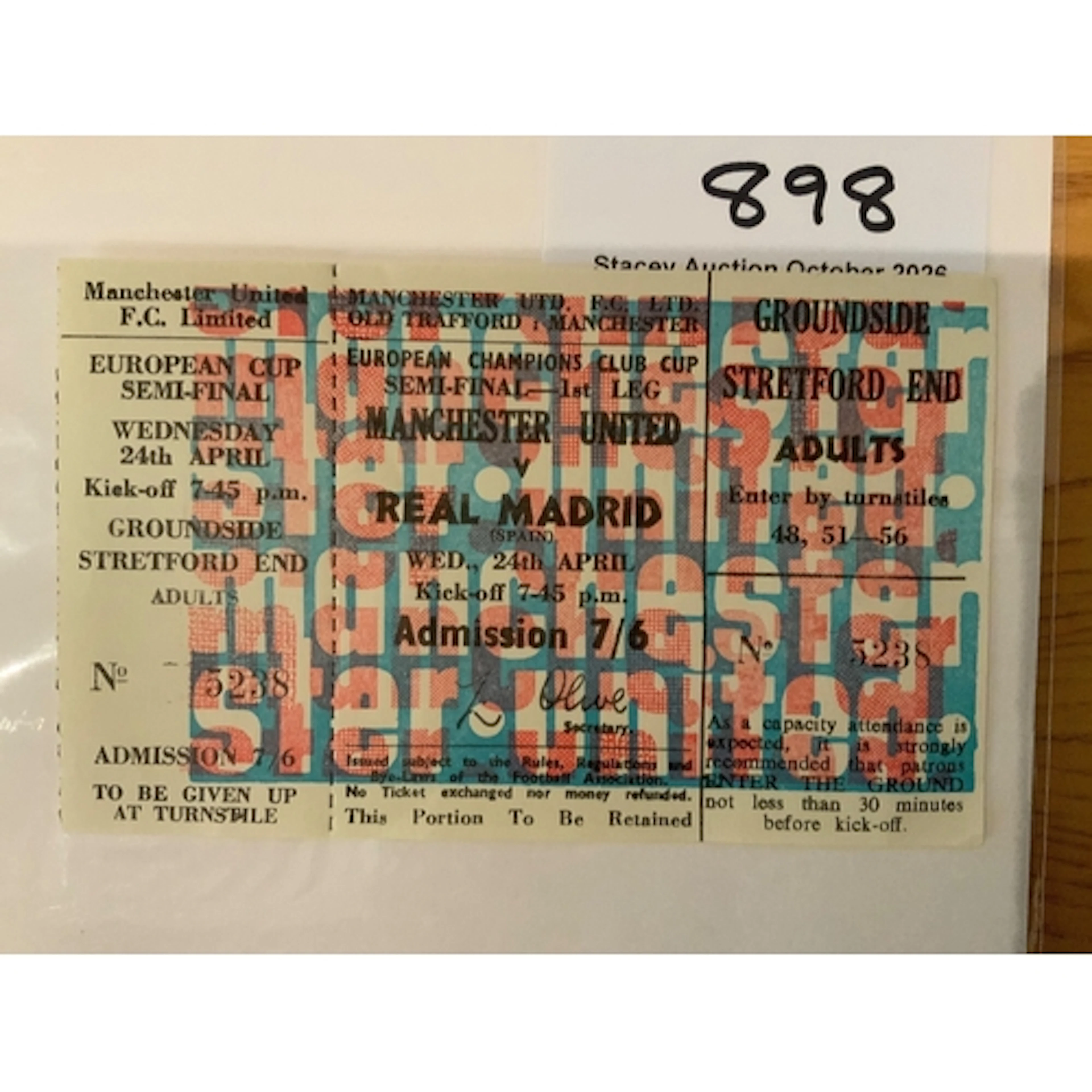 1968 European Cup Semi Final Football Ticket: Complete ticke...