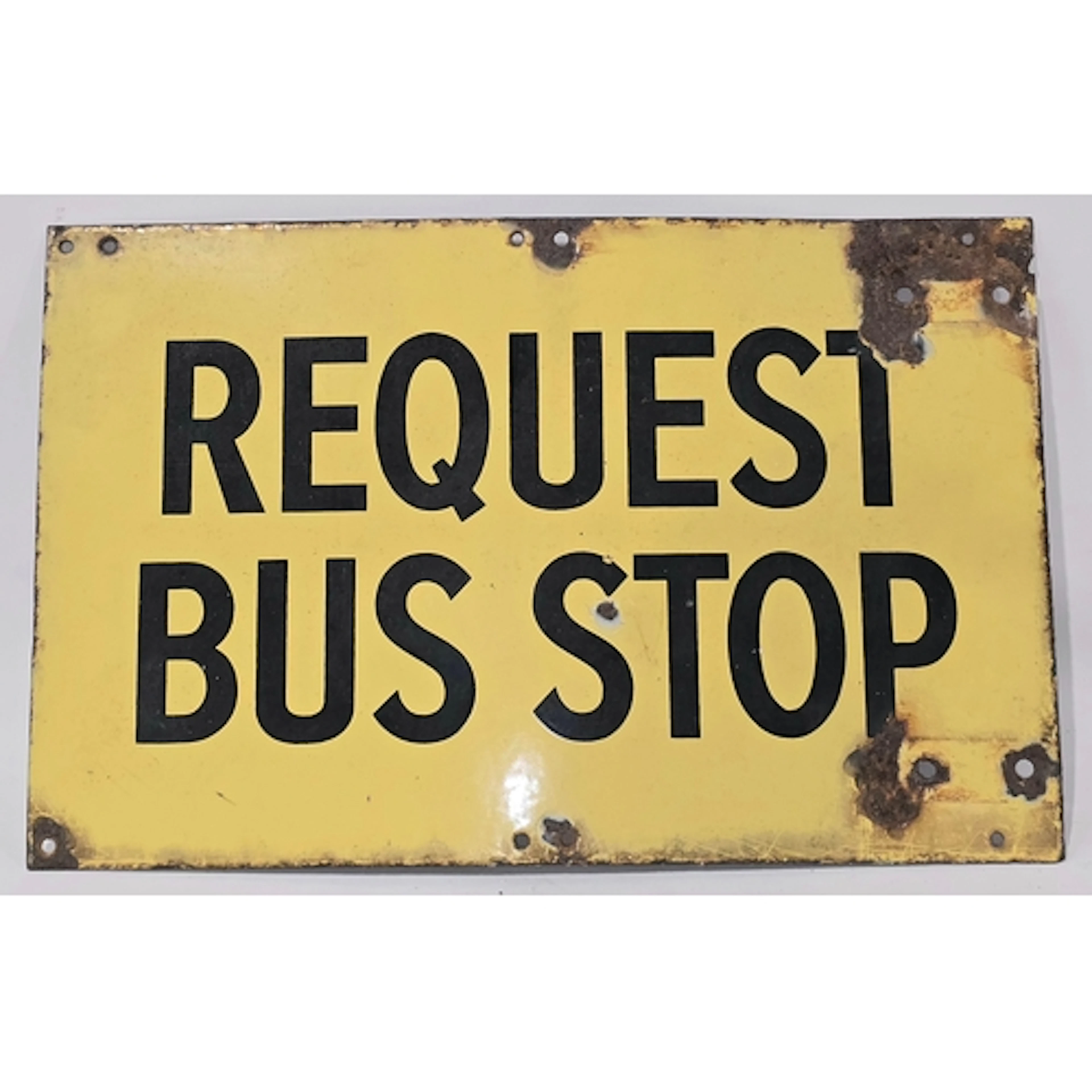 A vintage Bournemouth "Request Bus Stop" yellow and black en...
