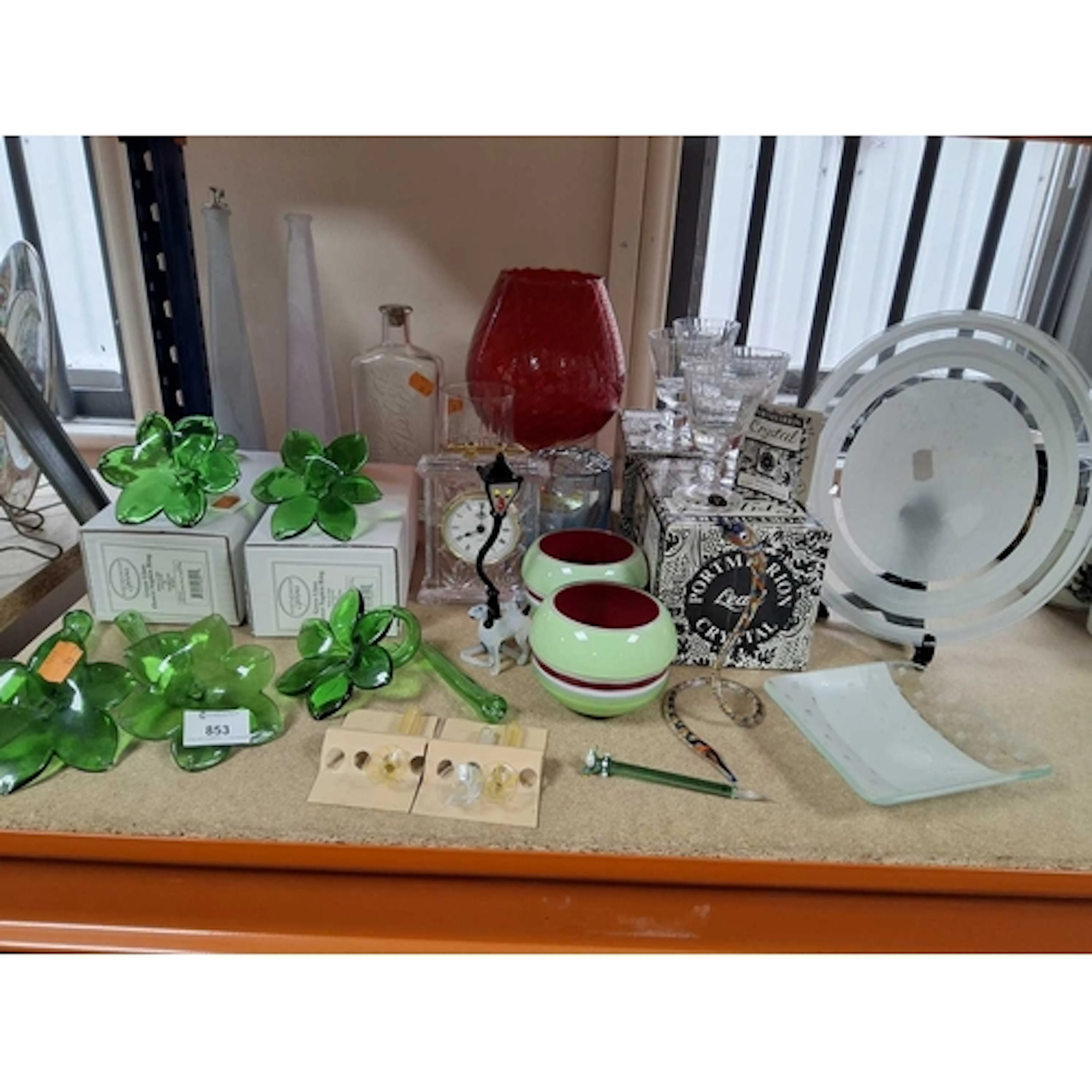 A GROUP OF DECORATIVE GLASSWARE to include five green glass ...