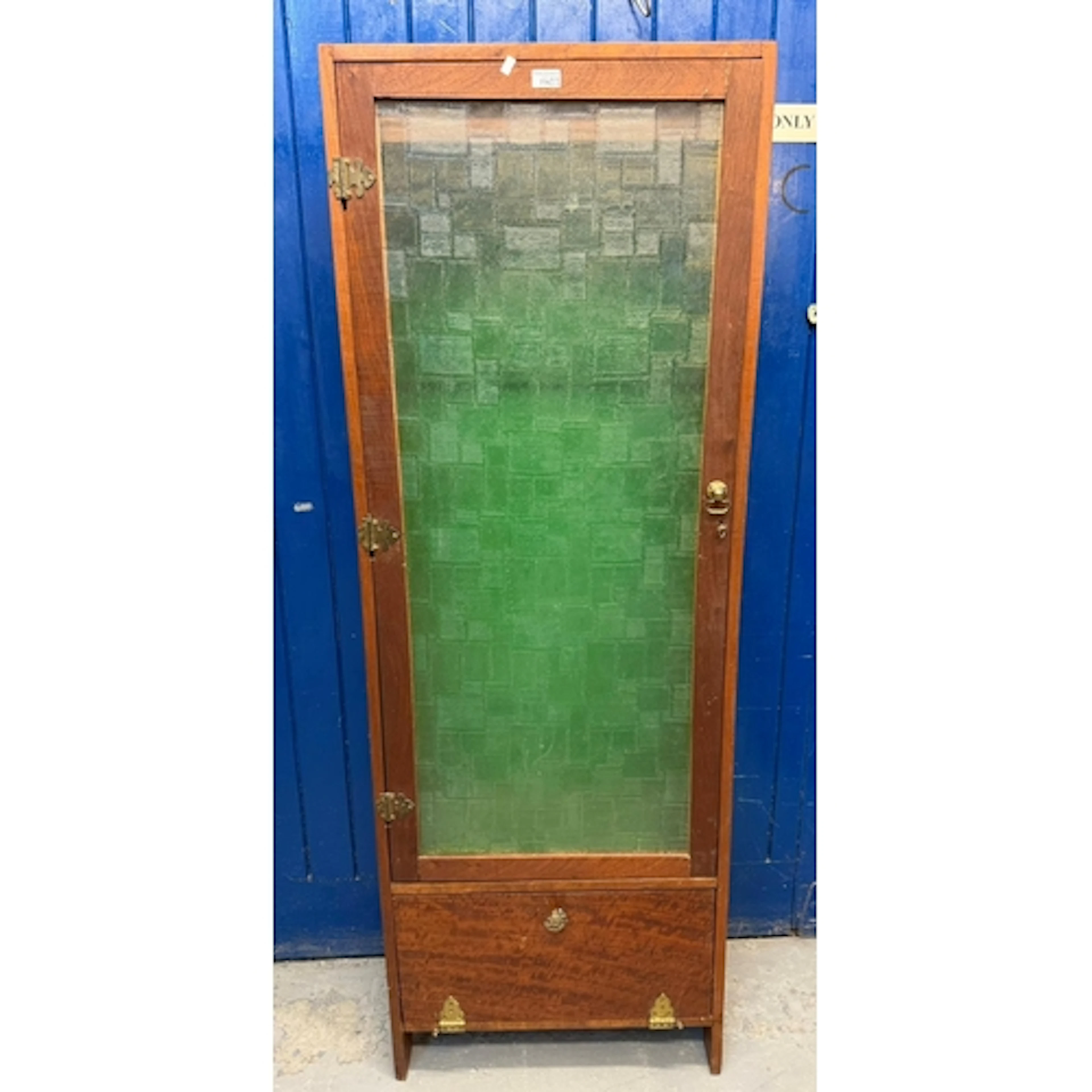Vintage mahogany single door mirrored gun cabinet with green...