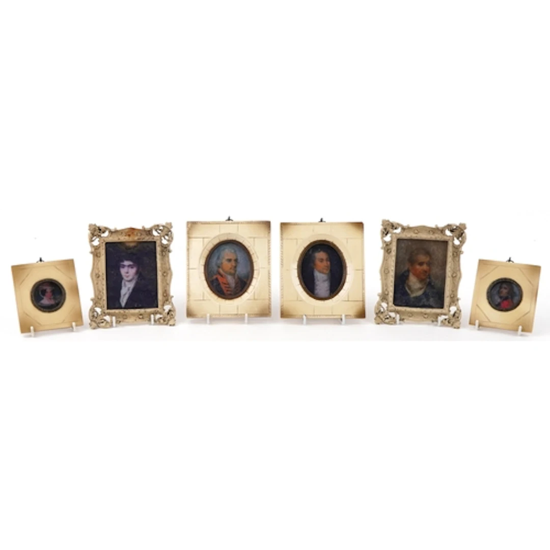 Three pairs of decorative portrait miniatures with ornate fr...