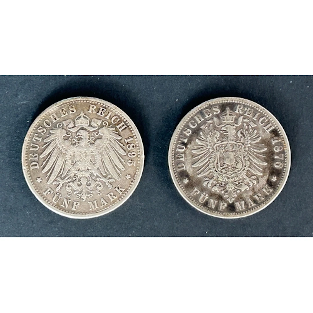 A pair of Prussian 19th Century silver 5 Mark coins, dated 1...