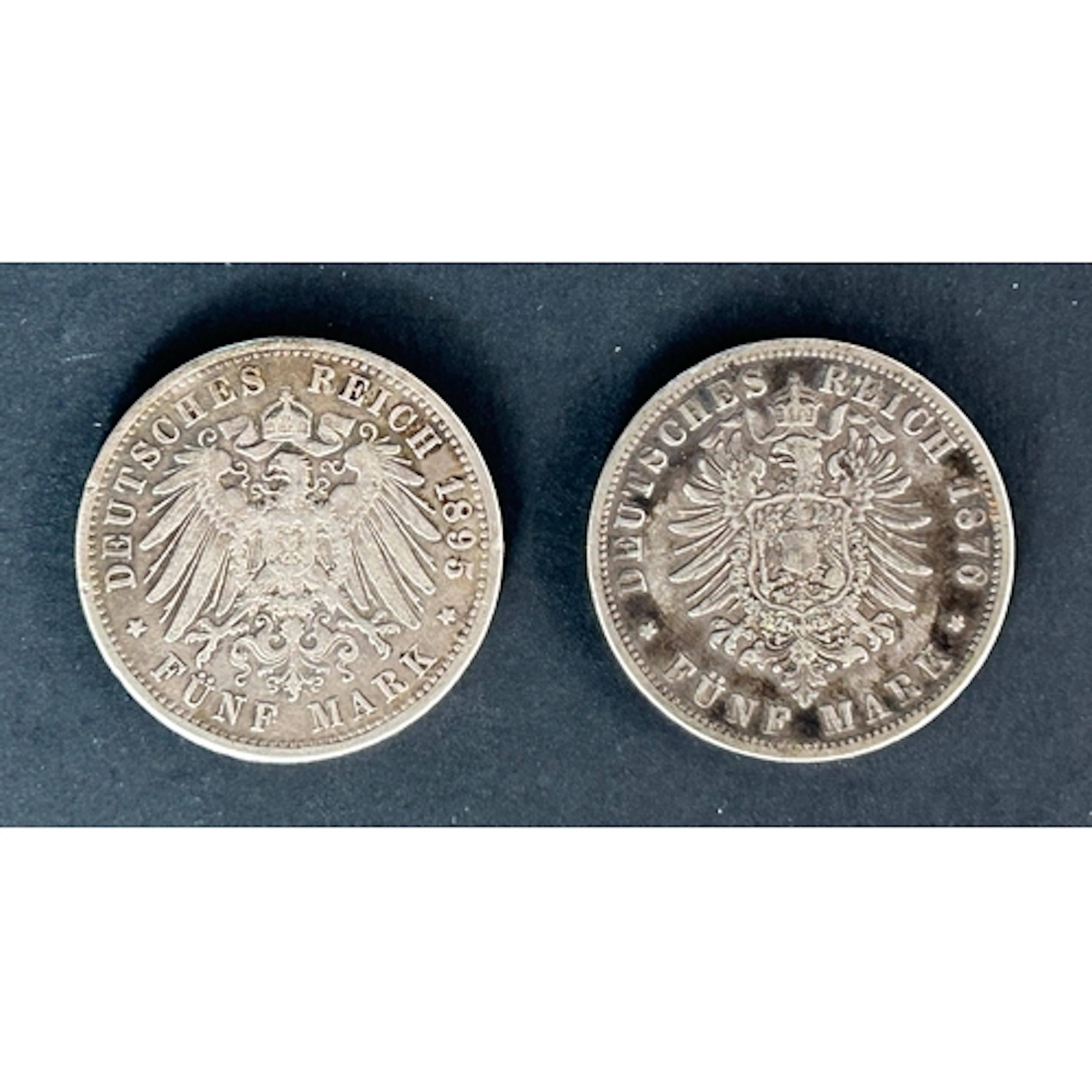 A pair of Prussian 19th Century silver 5 Mark coins, dated 1...